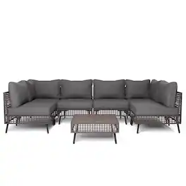 Yardgrace - 7 Pieces Outdoor Sectional Sofa Set PE Wicker Rattan Patio Conversation Set with Cushions - Gray