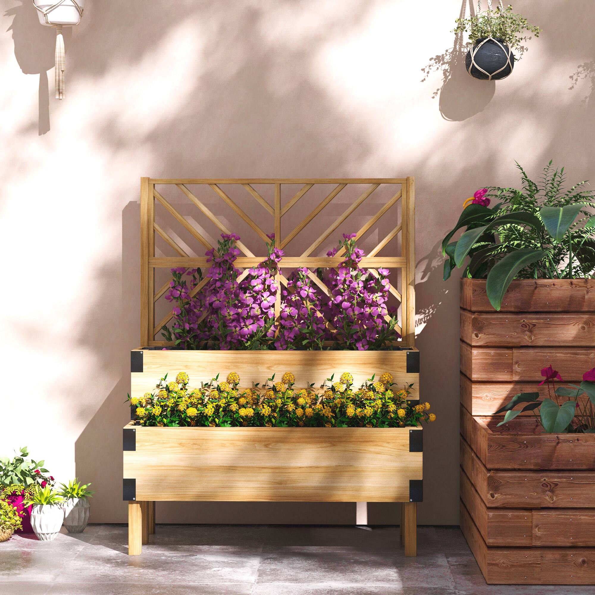 Alt View 1. Outsunny - Raised Garden Bed with Trellis, 2 Tier Wooden Elevated Planter Box with Legs and Metal Corners for Vegetables, Flowers - Natural Wood.