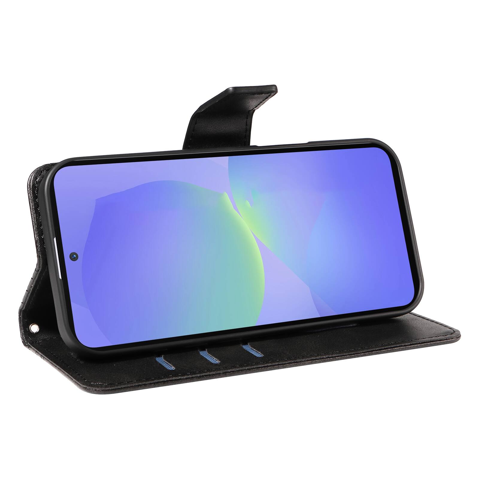 Angle. Dteck - For Samsung Galaxy A17 5G Shockproof Leather Folio Kickstand Card Slots Wallet Case with Strap - Black.