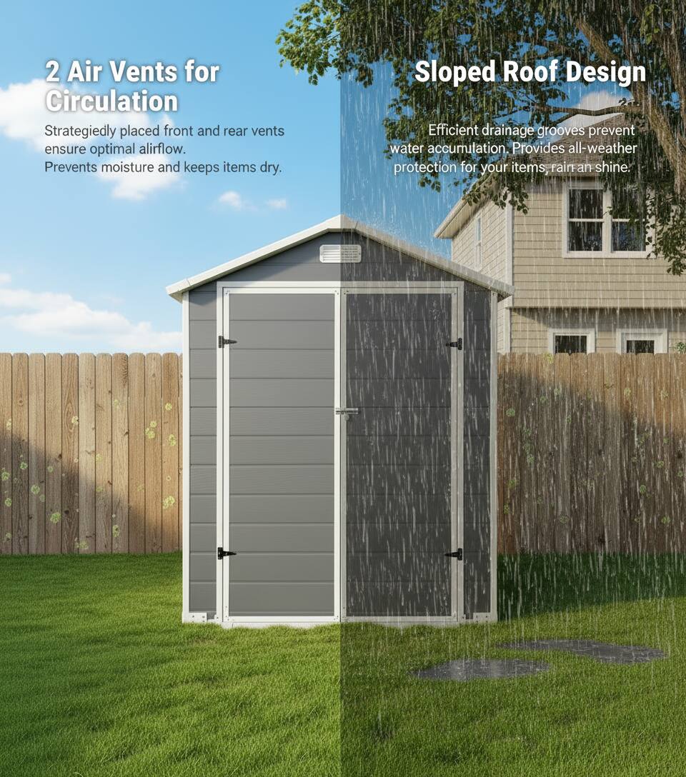 2 Air Vents for Circulation  
Strategically placed front and rear vents ensure optimal airflow. Prevents moisture and keeps items dry.

Sloped Roof Design  
Efficient drainage grooves prevent water accumulation. Provides all-weather protection for your items, rain or shine.