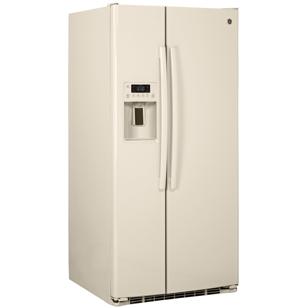 Left View: GE - 23.2 Cu. Ft. Side-by-Side Refrigerator with External Ice & Water Dispenser - Bisque