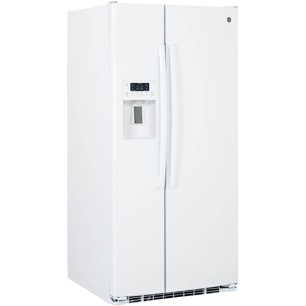 Left View: GE - 23.2 Cu. Ft. Side-by-Side Refrigerator - White