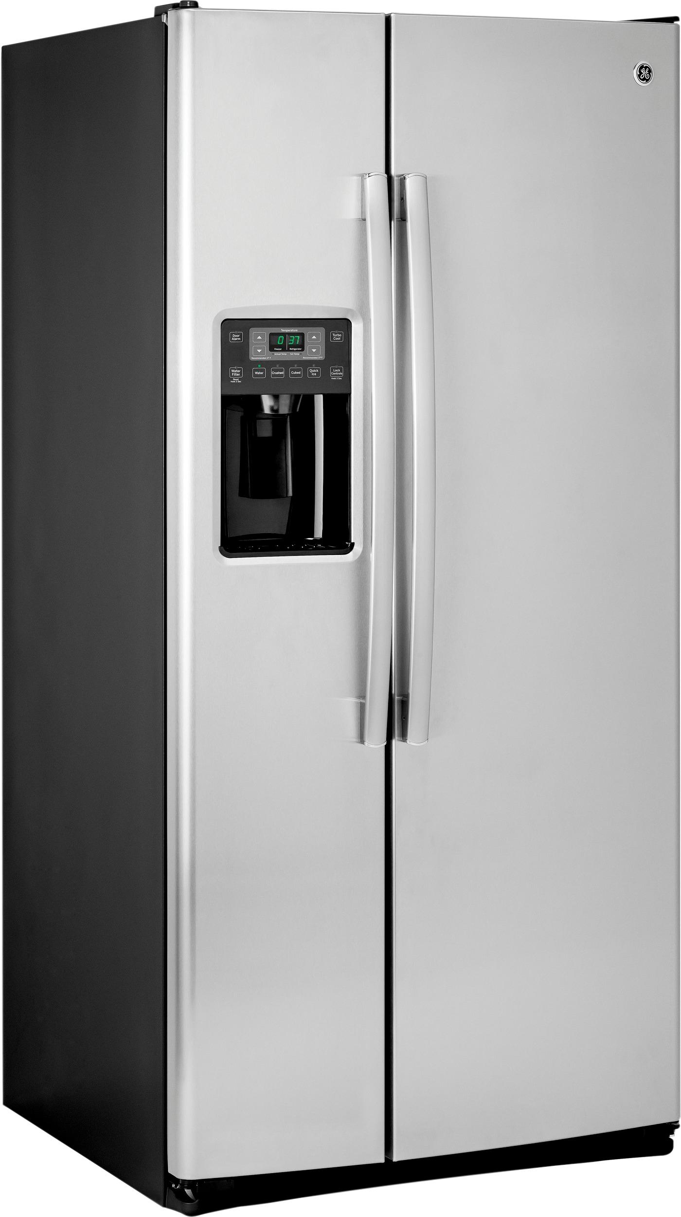 Angle View: GE - 23.0 Cu. Ft. Side-by-Side Refrigerator with External Ice & Water Dispenser - Stainless steel