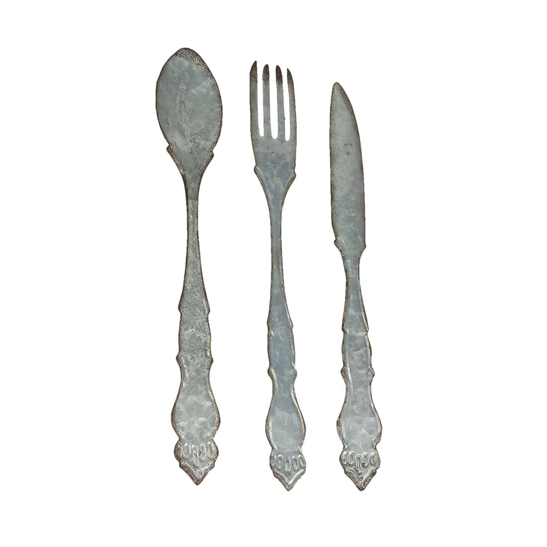Alt View 1. Zeckos - Giant Galvanized Metal Fork Spoon Knife Farmhouse Decor Kitchen Wall Hanging Set - Gray.