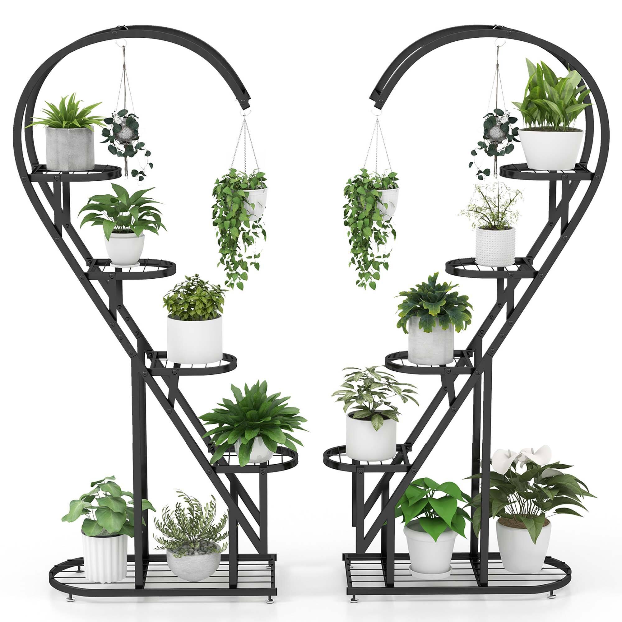 Front. Costway - 5 Tier Metal Plant Stand Heart-shaped Shelf with Hanging Hook for Multiple Plants - Black.