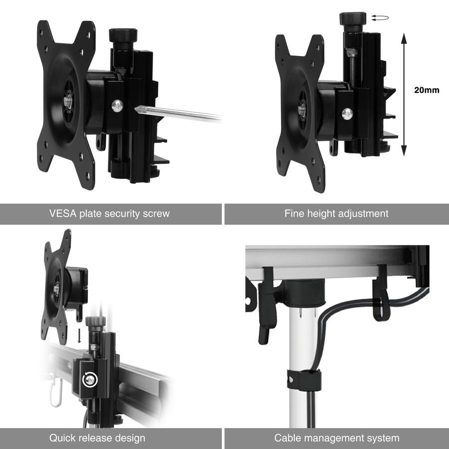 20mm  
VESA plate security screw  
Fine height adjustment  
Quick release design  
Cable management system