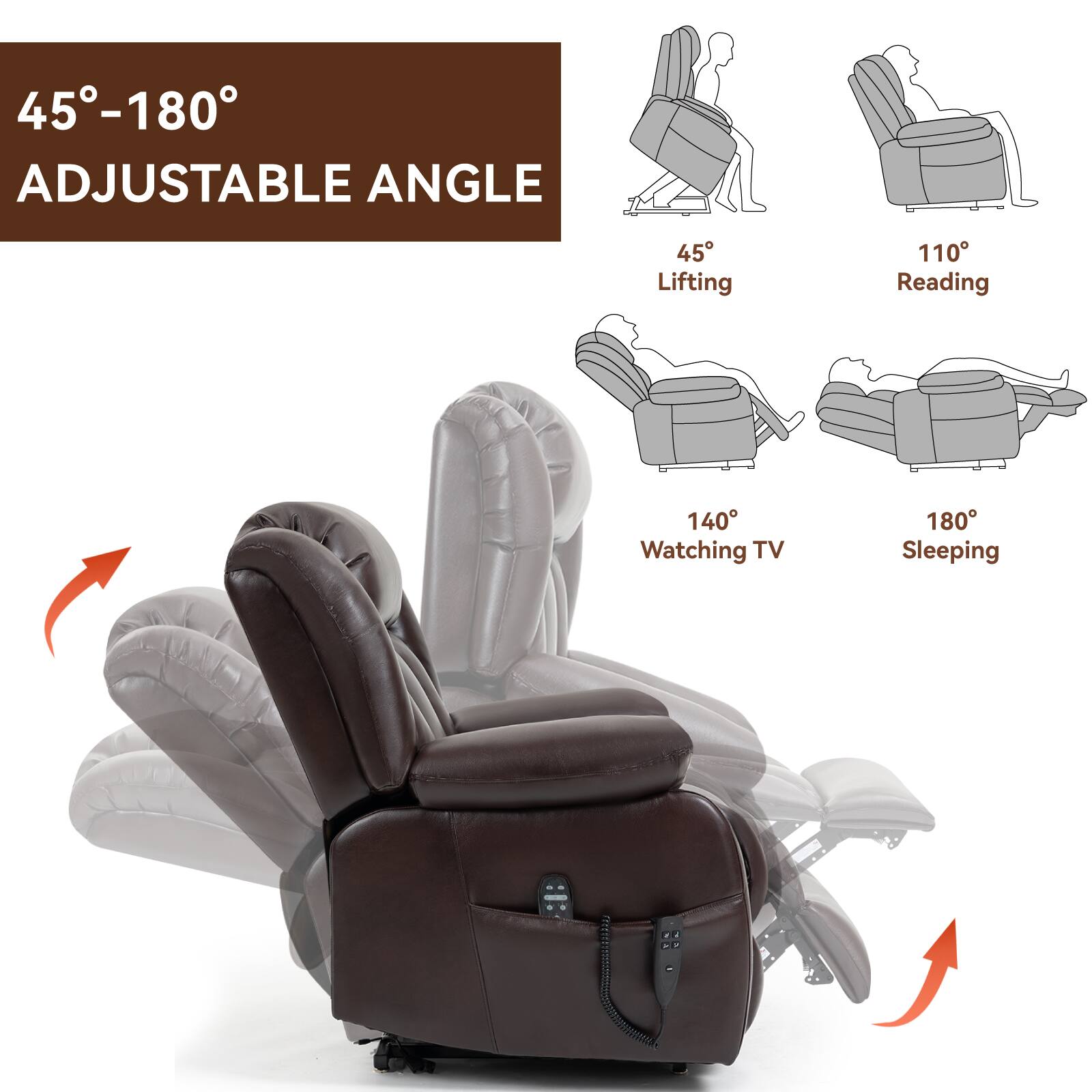 45°-180° Adjustable Angle

45° Lifting  
110° Reading  
140° Watching TV  
180° Sleeping
