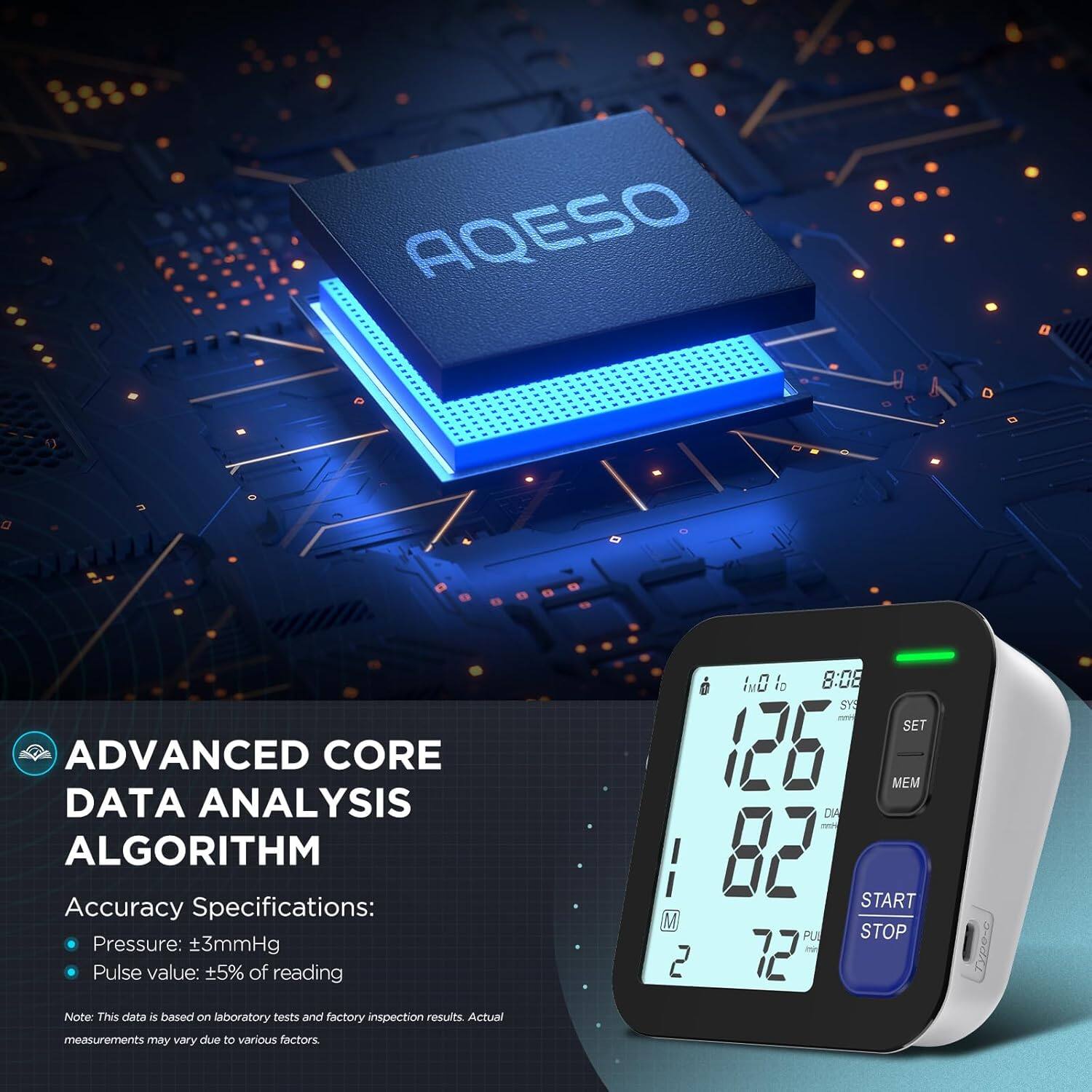 AQESO ADVANCED CORE DATA ANALYSIS ALGORITHM

Accuracy Specifications:
- Pressure: ±3mmHg
- Pulse value: ±5% of reading

Note: This data is based on laboratory tests and factory inspection results. Actual measurements may vary due to various factors.

IC to 8:08 SY SET 126 MEM DA 82 START M PL STOP 2 72 Typert
