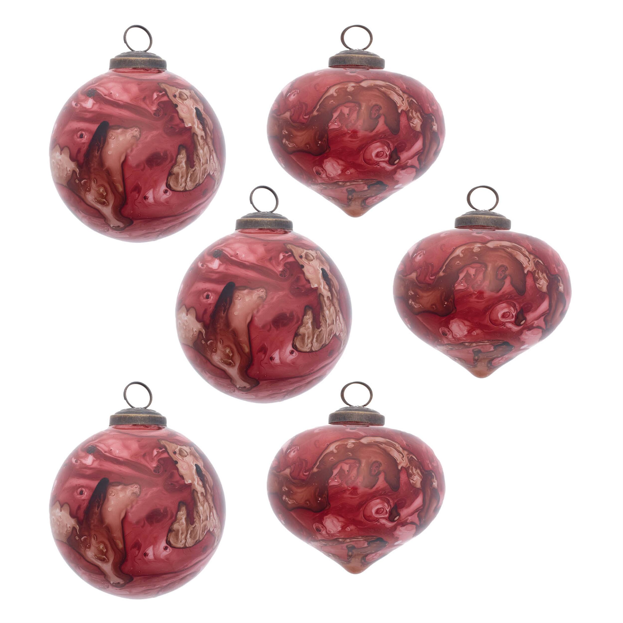 Back. BreeBe - Marble Painted Glass Ornament (Set of 6) - Red.