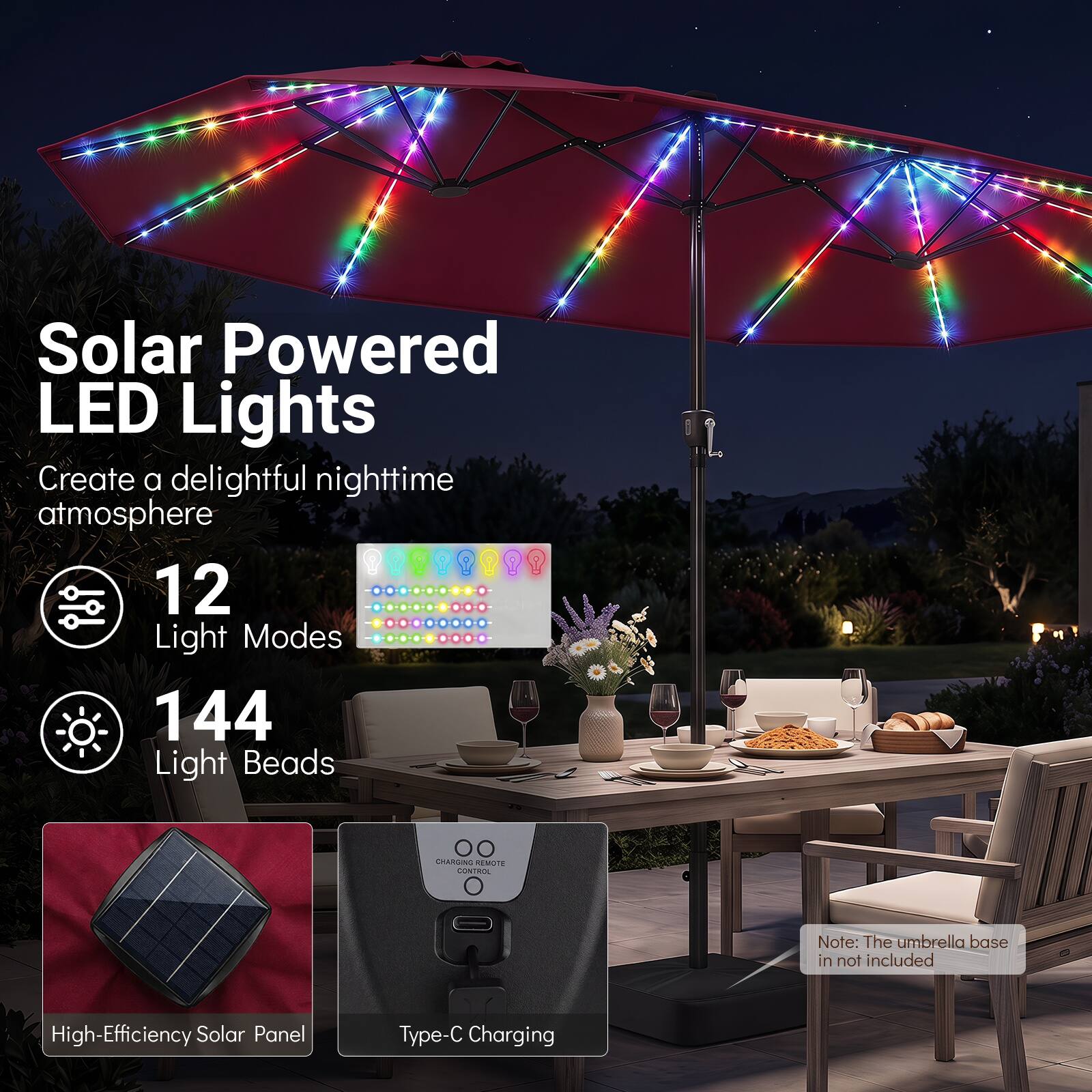 Solar Powered LED Lights  
Create a delightful nighttime atmosphere  
12 Light Modes  
144 Light Beads  

00 CHARGING REMOTE CONTROL  

Note: The umbrella base is not included  

High-Efficiency Solar Panel  
Type-C Charging