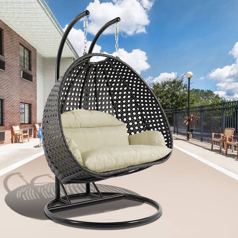 Left. LeisureMod - Leisuremod Outdoor 2-Person Charcoal Wicker Egg Swing Chair with Steel Stand, Washable Cushions & Waterproof Cover - Taupe.
