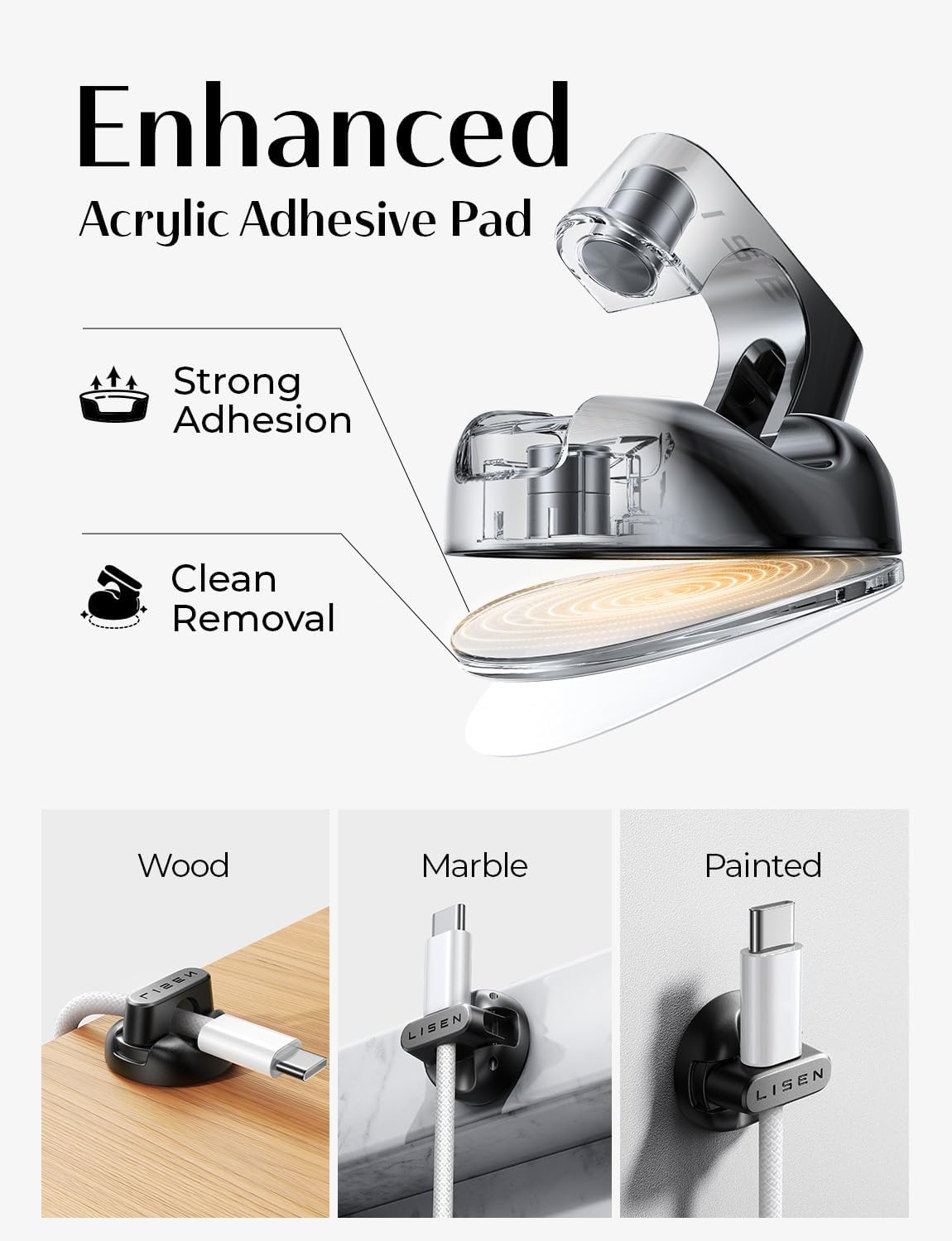 Enhanced  
Acrylic Adhesive Pad  

Strong Adhesion  
Clean Removal  

Wood  
Marble  
Painted  

LISEN
