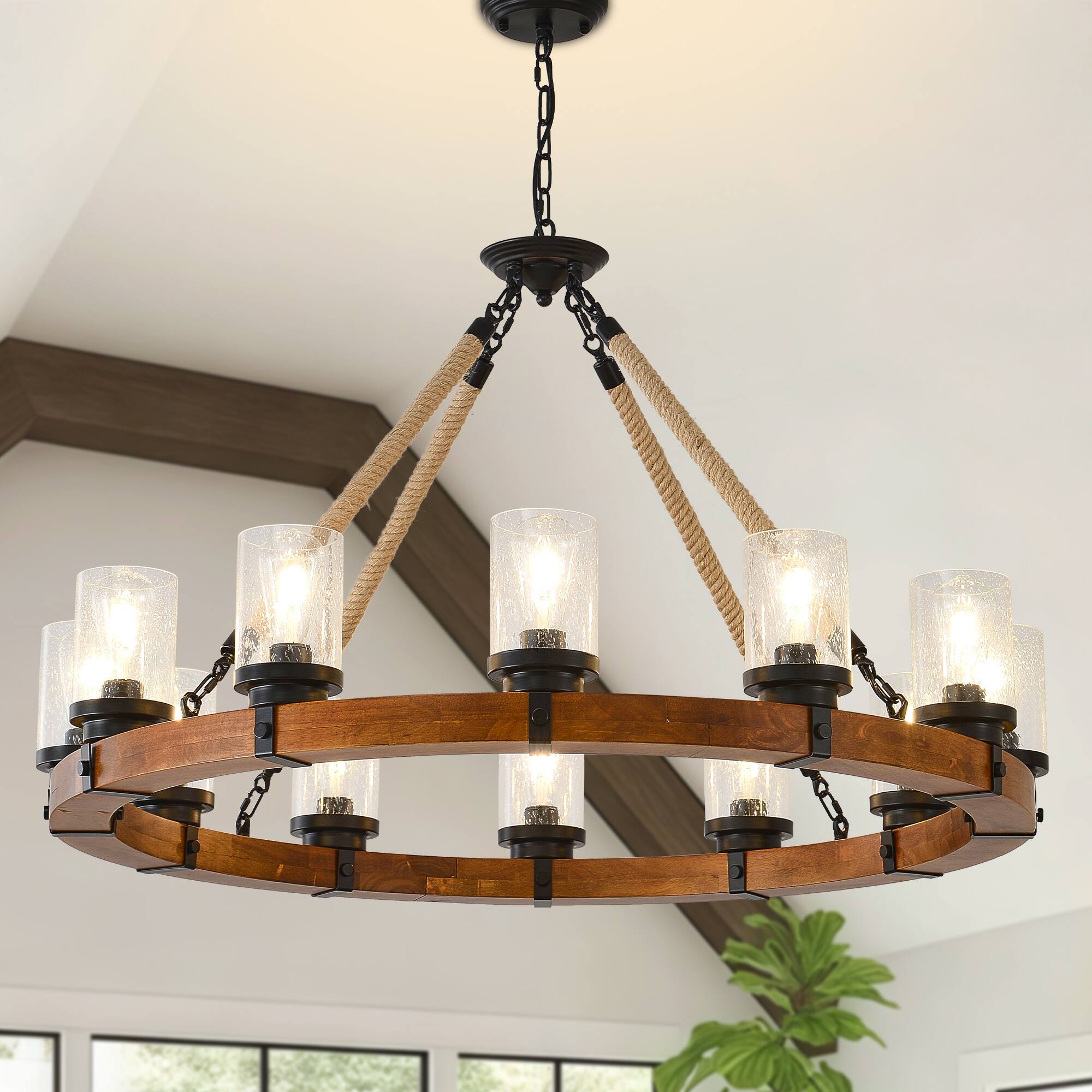 RYHNUYNE - 12 Light Rustic Wagon Wheel Chandelier,Farmhouse Dining Room Light Fixture with Seeded Glass Shade,Round Wood Chandelier - Brown