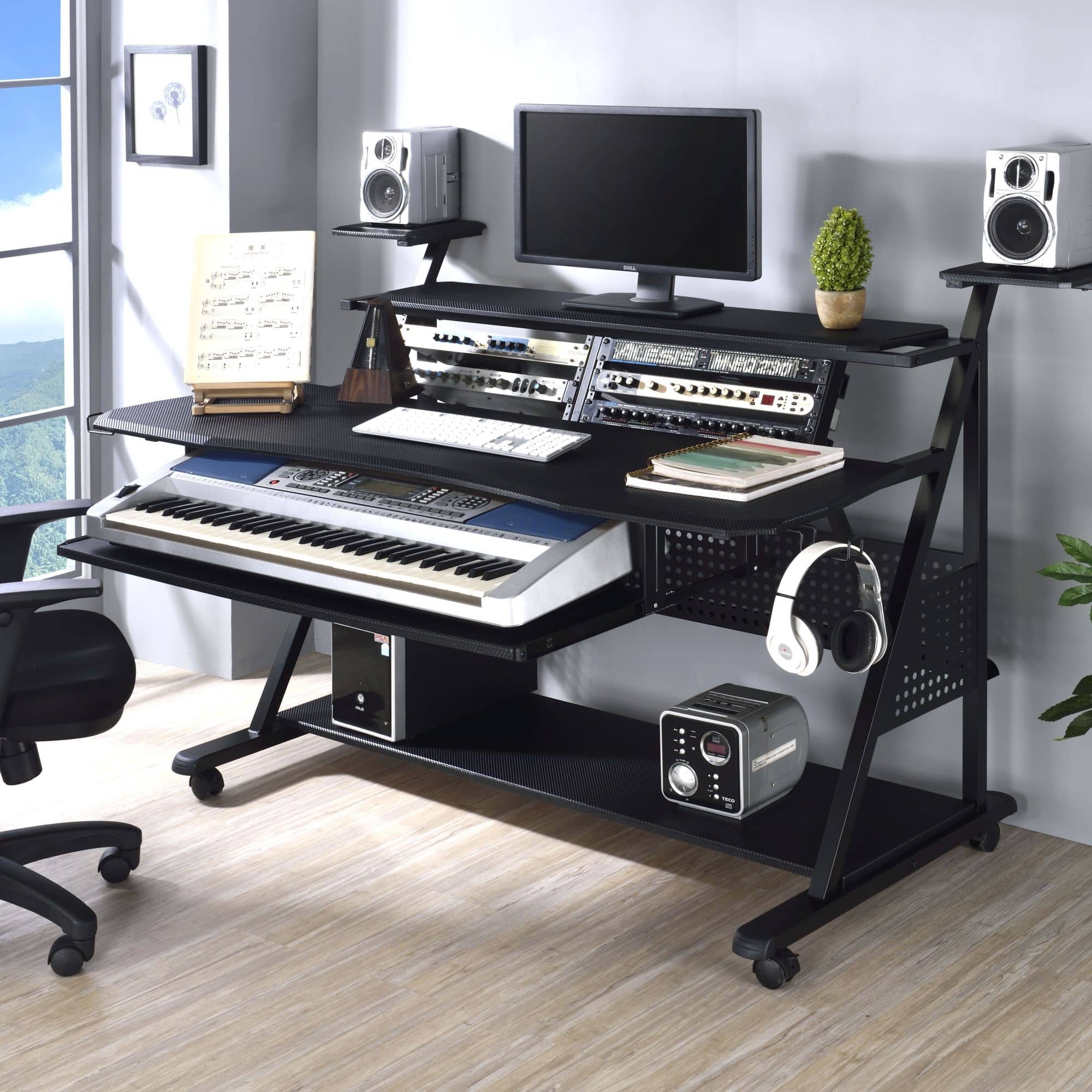 GOODSILO - Modern Music Desk with Speaker Shelves and Cable Management for Home Studio and Keyboard Setup - Black