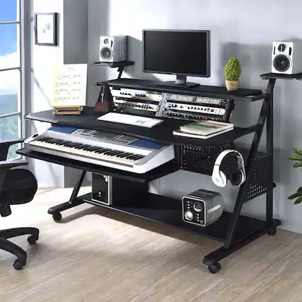 Front. GOODSILO - Modern Music Desk with Speaker Shelves and Cable Management for Home Studio and Keyboard Setup - Black.