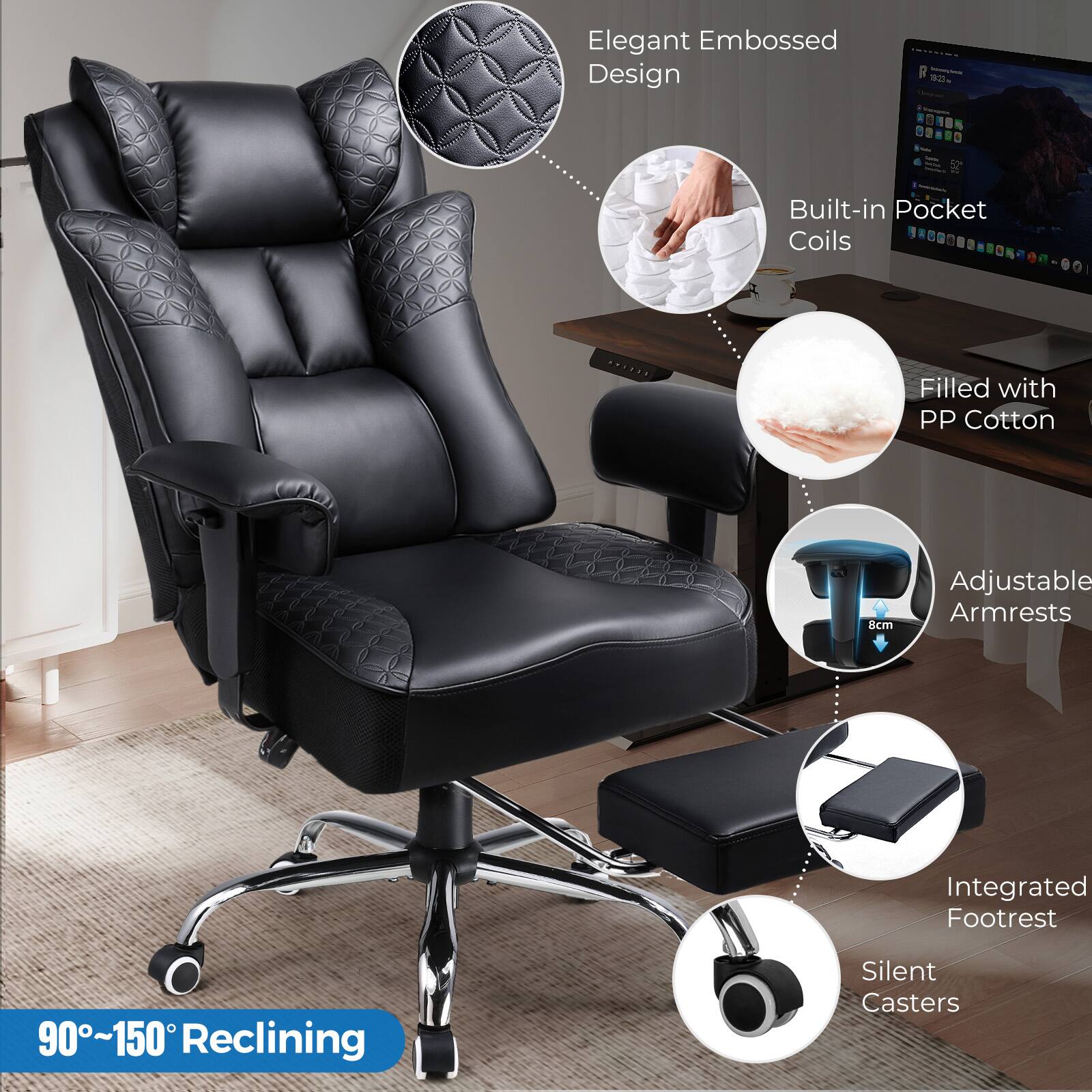 - Elegant Embossed Design
- Built-in Pocket Coils
- Filled with PP Cotton
- Adjustable Armrests (8cm)
- Integrated Footrest
- 90°~150° Reclining
- Silent Casters