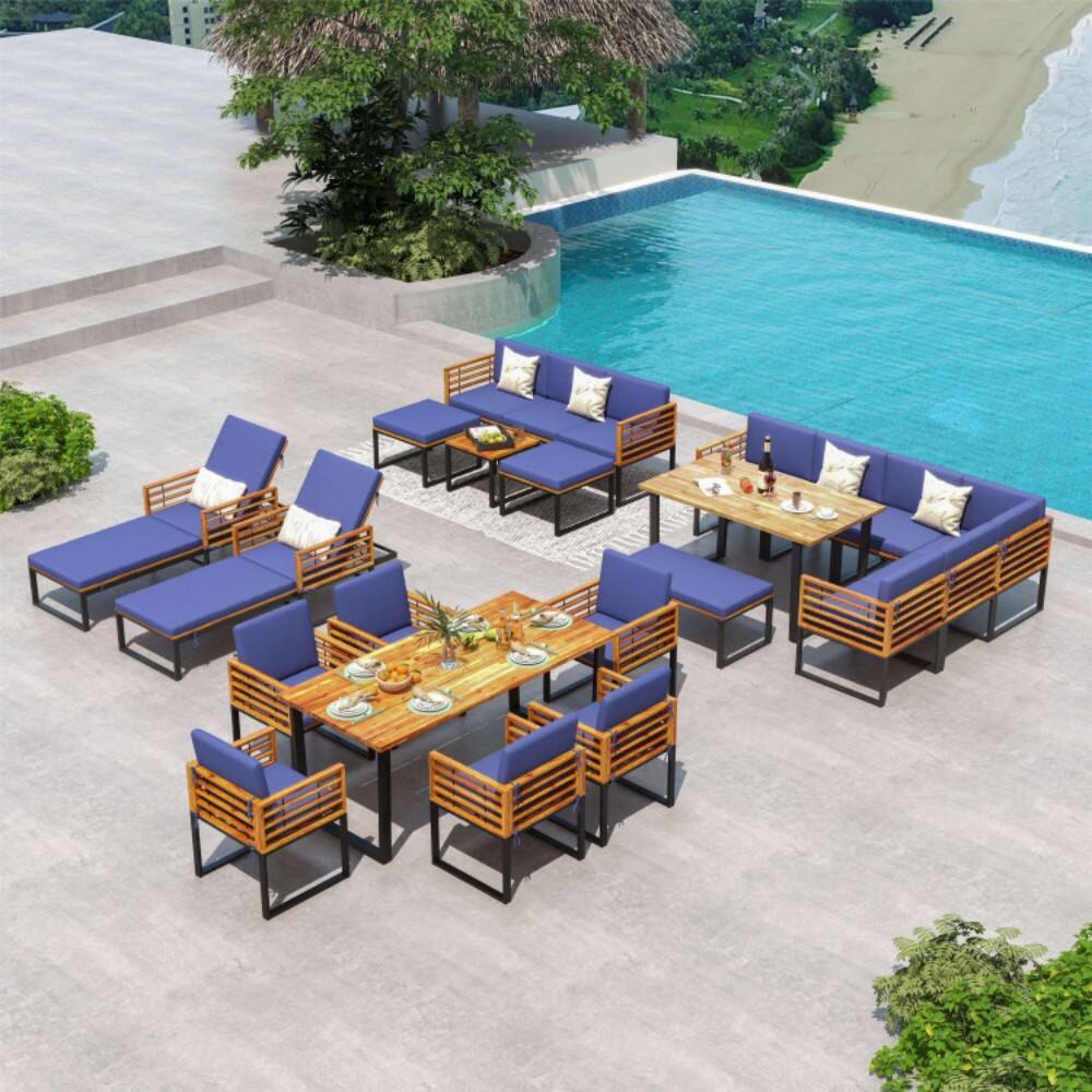 Alt View 4. Mondawe - 8 Pieces Patio Acacia Wood Dining Table Set with Ottoman Cushions - Navy.