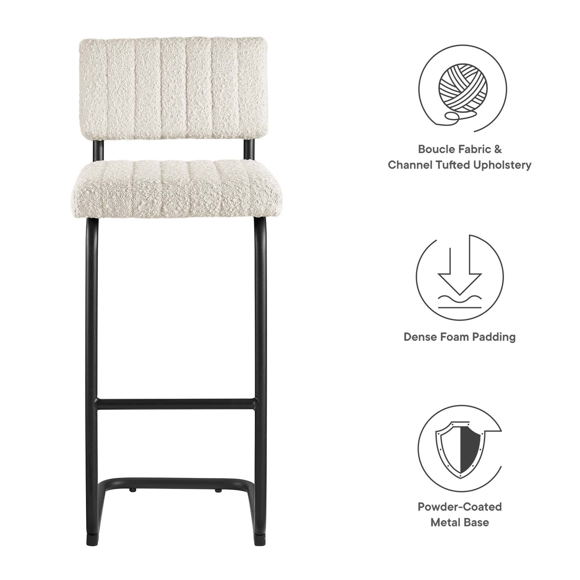 - Boucle Fabric & Channel Tufted Upholstery
- Dense Foam Padding
- Powder-Coated Metal Base