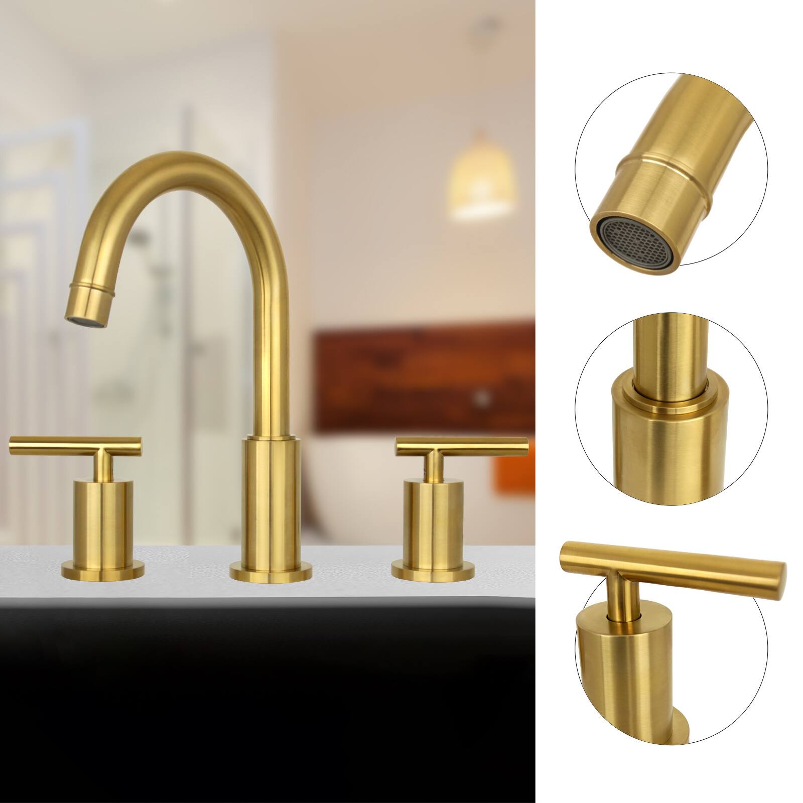 Alt View 2. Akicon - Akicon Solid Brass Double-Handle Widespread Kitchen Faucet in Brushed Gold - Brushed Gold.