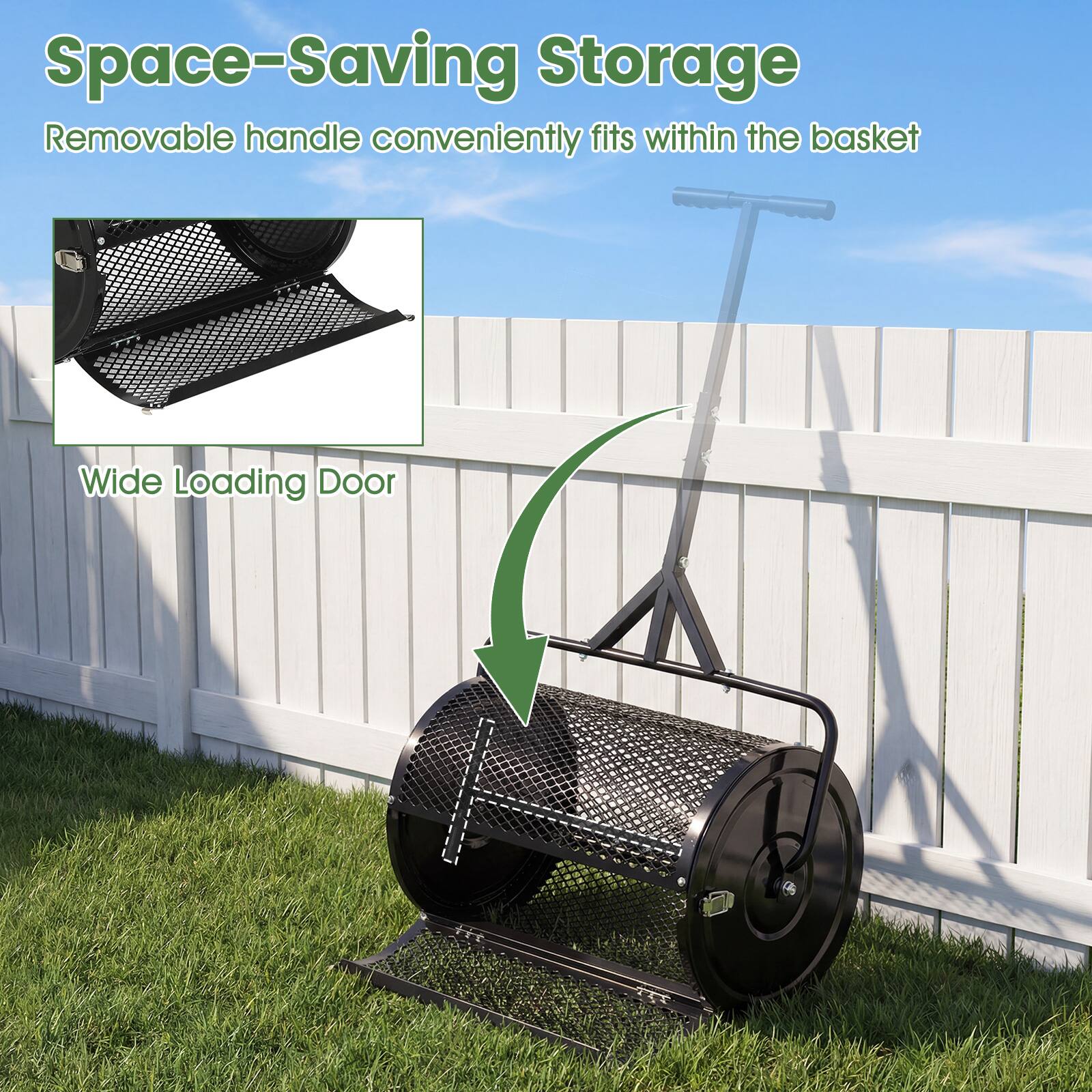 Space-Saving Storage  
Removable handle conveniently fits within the basket  

Wide Loading Door