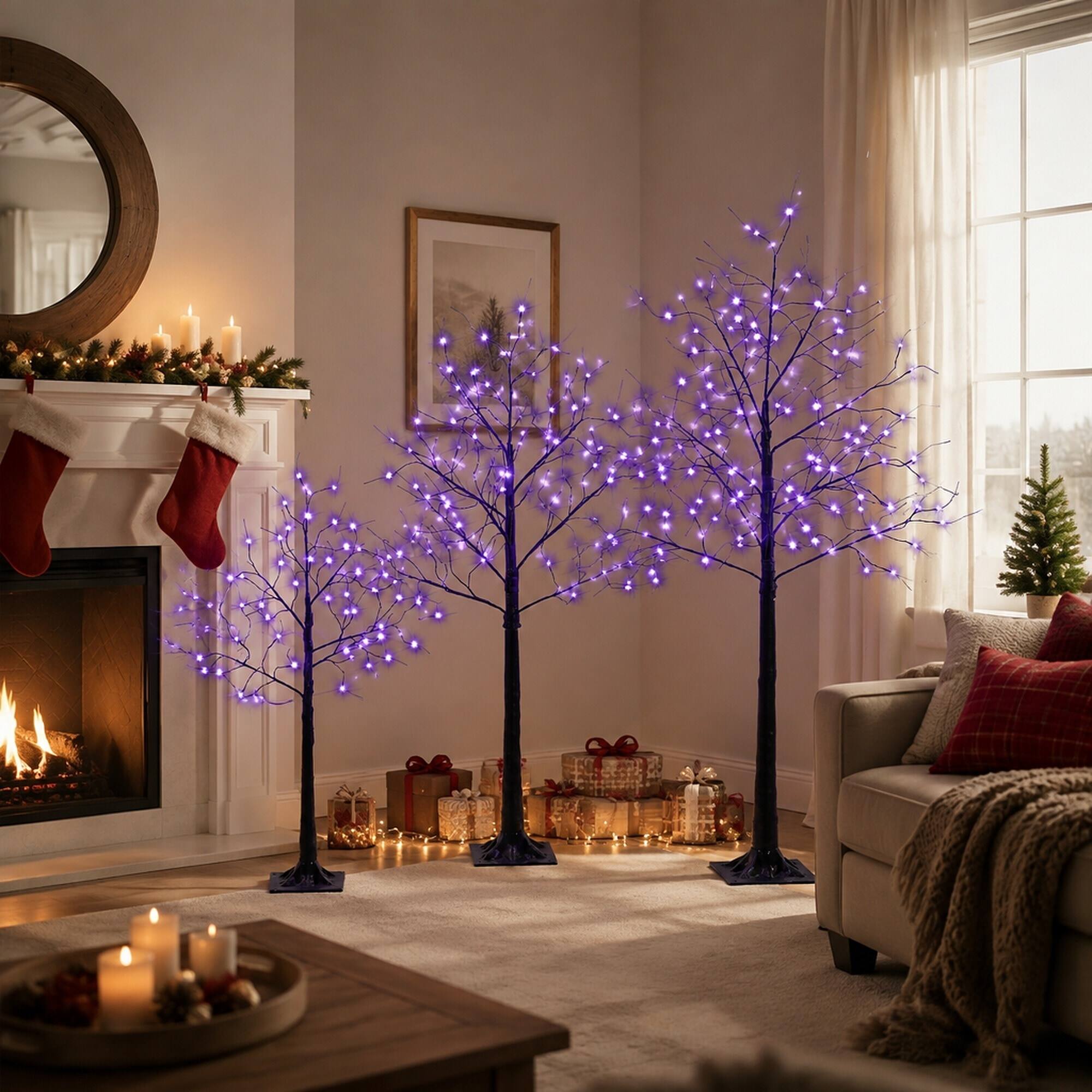Angle. RYHNUYNE - 3-Pack Black Christmas Tree Set, 4FT 5FT 6FT Sizes Purple LED Lights Lighted Xmas Holiday Decor - Black,Purple.