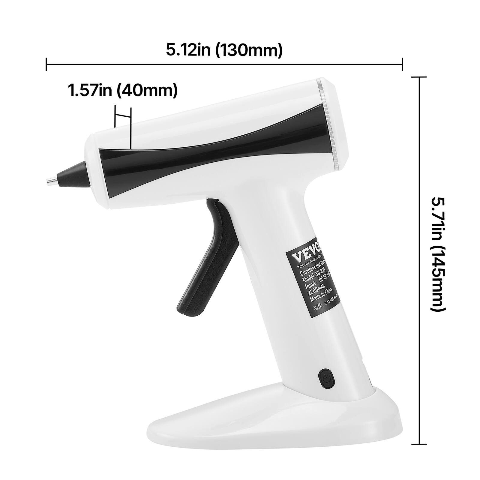 5.12in (130mm)  
1.57in (40mm)  
5.71in (145mm)  

VEVO  
Cordless Hair Dryer  
Model: 9  
Input: 2200ml  
Made in China  
S/N: 24 5 2 24 5  

LN VEVO TOUGN TOOL A H