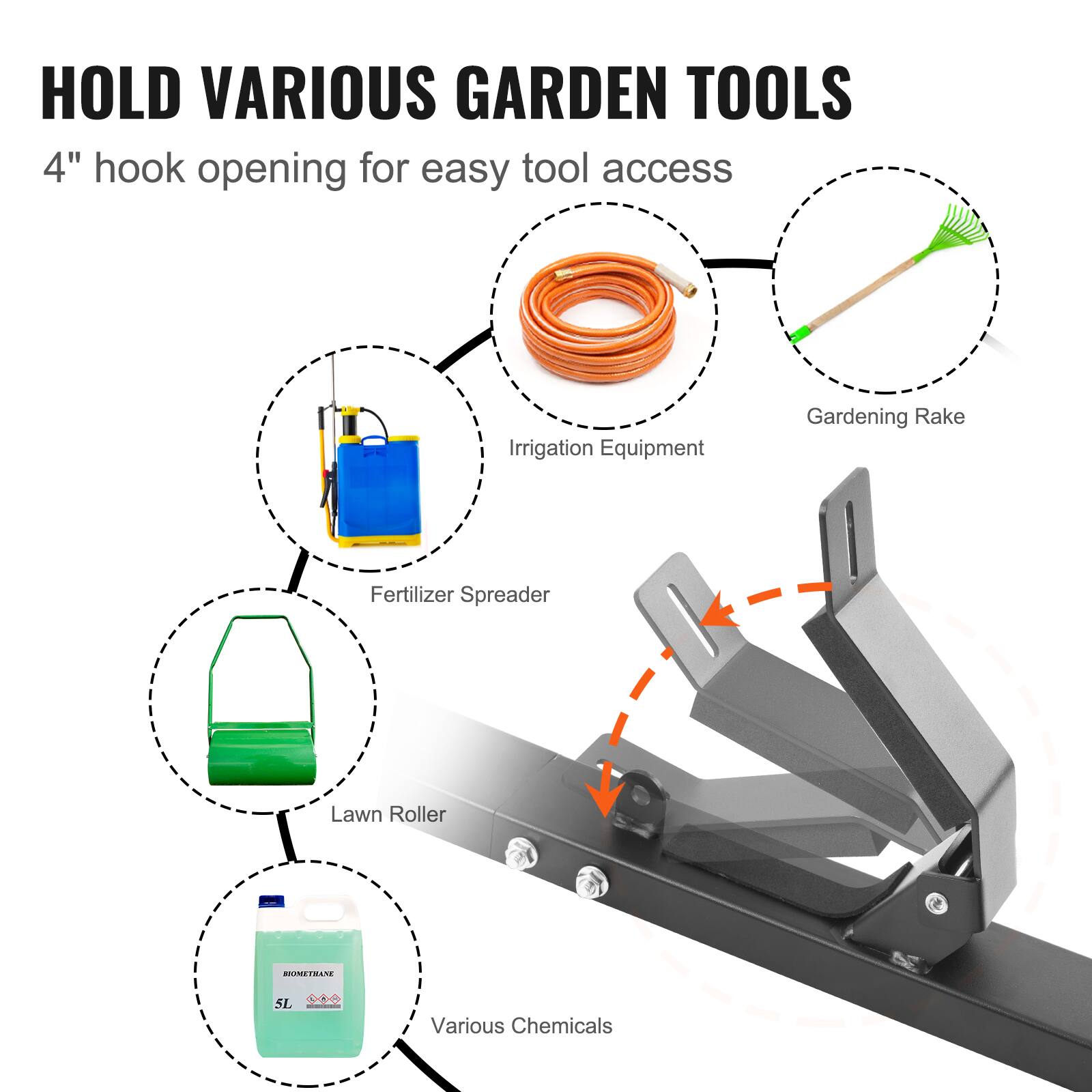 HOLD VARIOUS GARDEN TOOLS  
4" hook opening for easy tool access  

- Irrigation Equipment  
- Gardening Rake  
- Fertilizer Spreader  
- Lawn Roller  
- Various Chemicals