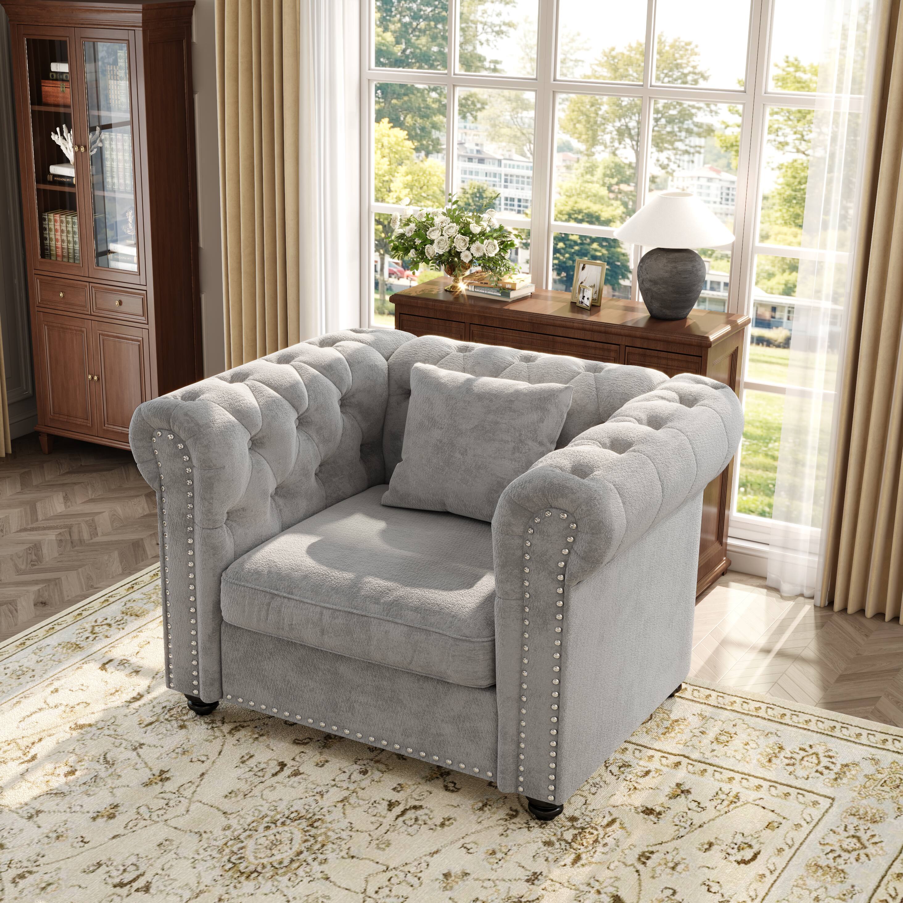 Angle. Anysun - 38.5" Chesterfield Tufted Single Seat Sofa with Rolled Arms & Nailhead Trim – Chenille Deep Seat Sofa Couch - Light Grey.