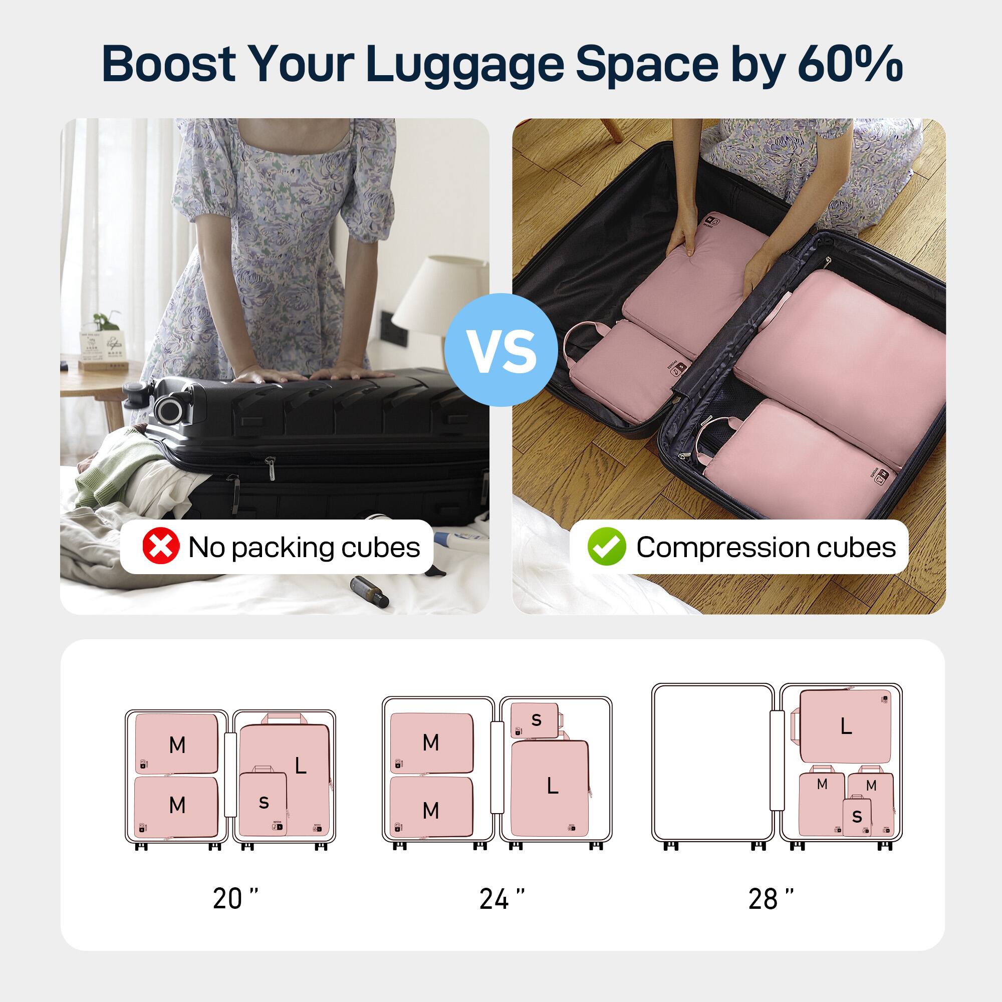 Boost Your Luggage Space by 60% VS No packing cubes Compression cubes . . H M M H S a H L . H . . H1 M M P . 14 S L a H H H1 H M 1 L M S  . a H " 20 24 28