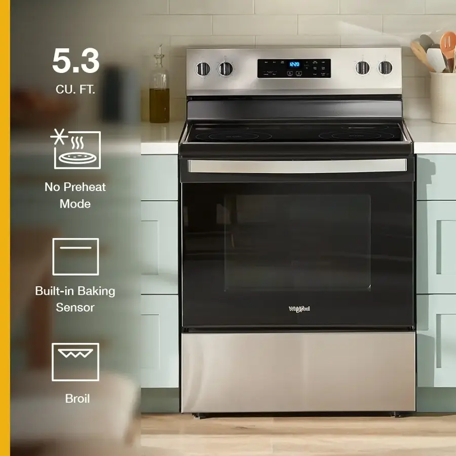 The text on the image reads: "5.3 CU. FT.  NO PREHEAT MODE  BUILT-IN BAKING SENSOR  vnged BROIL."