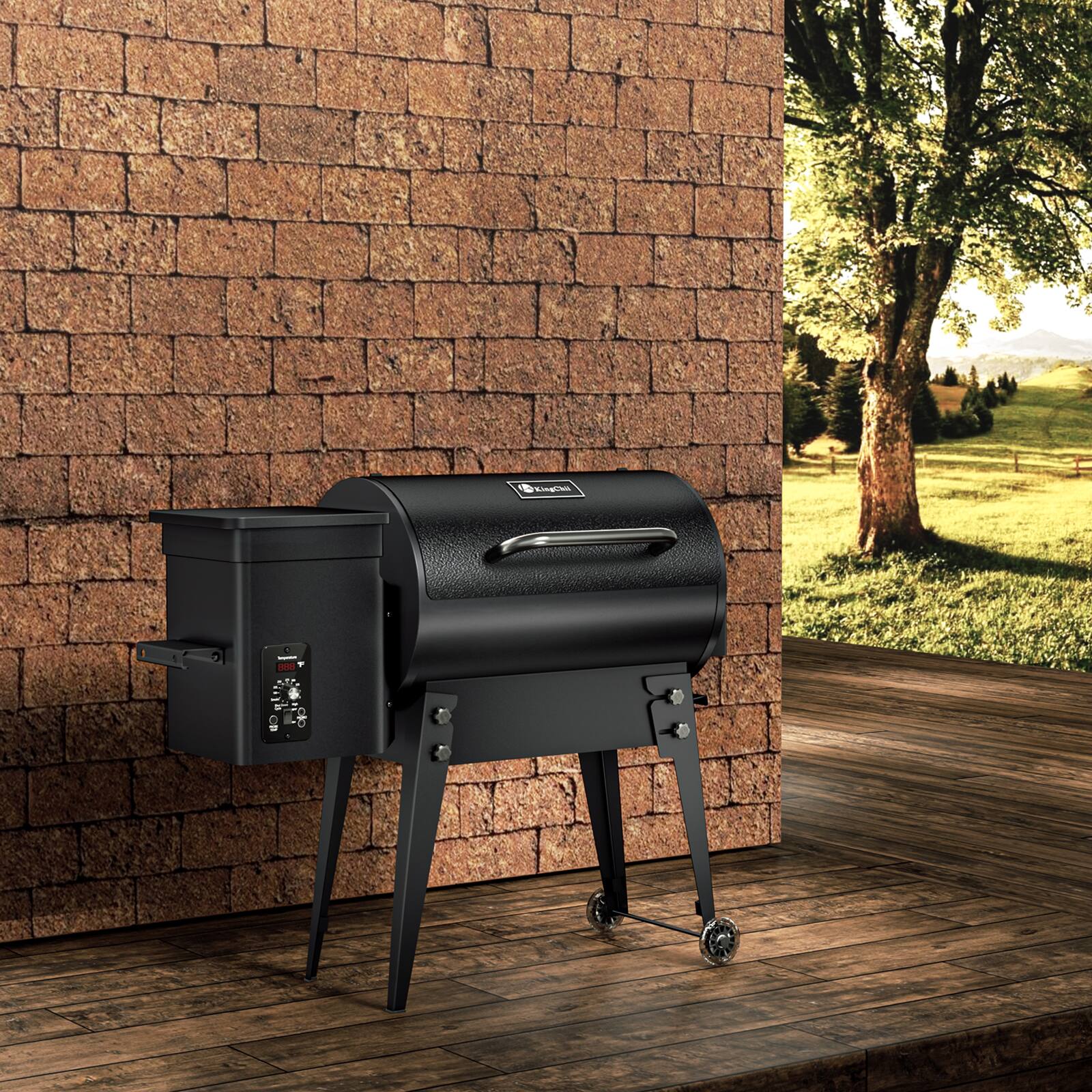 Left. KingChii - Portable Electric Wood Pellet Grill and Smoker with Foldable Legs, 456 Sq. In. Cooking Area,PID Temp Control (180–425°F).