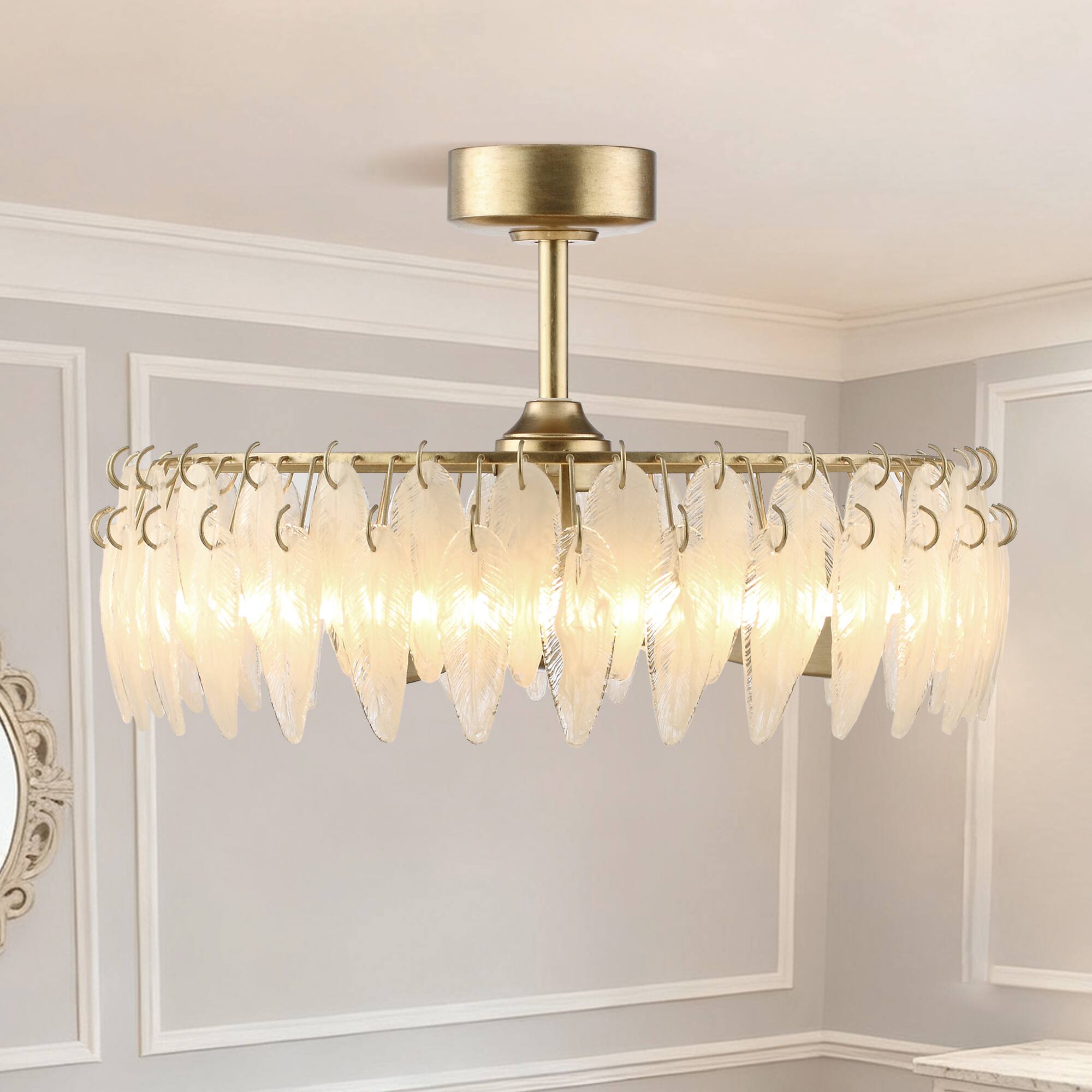 Alt View 1. Parrot Uncle - 32" French Elegant Antique silver Glass Feather LED Fandelier Ceiling Fan with Remote - Antique Silver.