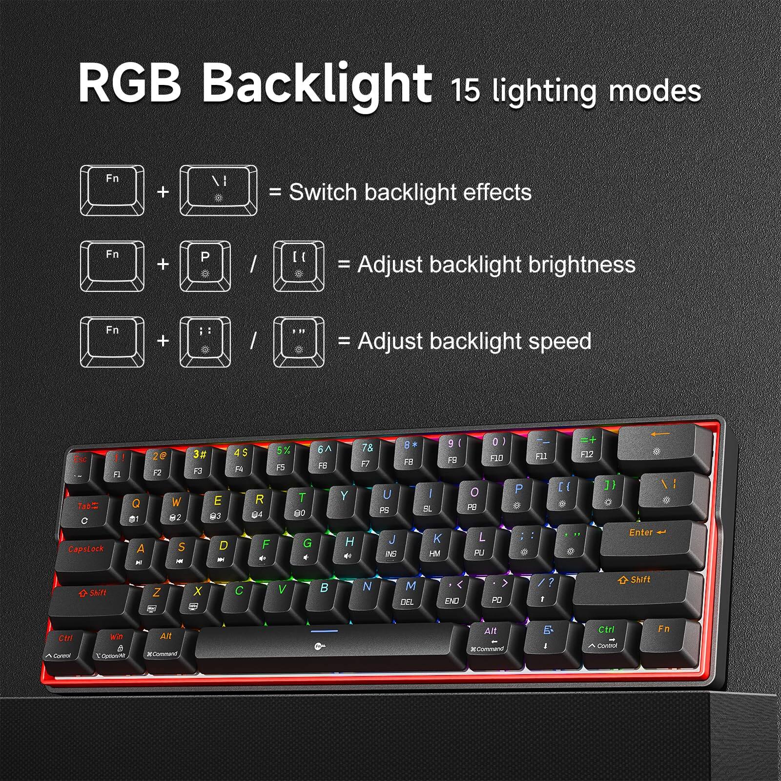 RGB Backlight 15 lighting modes

Fn + \I = Switch backlight effects

Fn + P / [ = Adjust backlight brightness

Fn + / T = Adjust backlight speed
