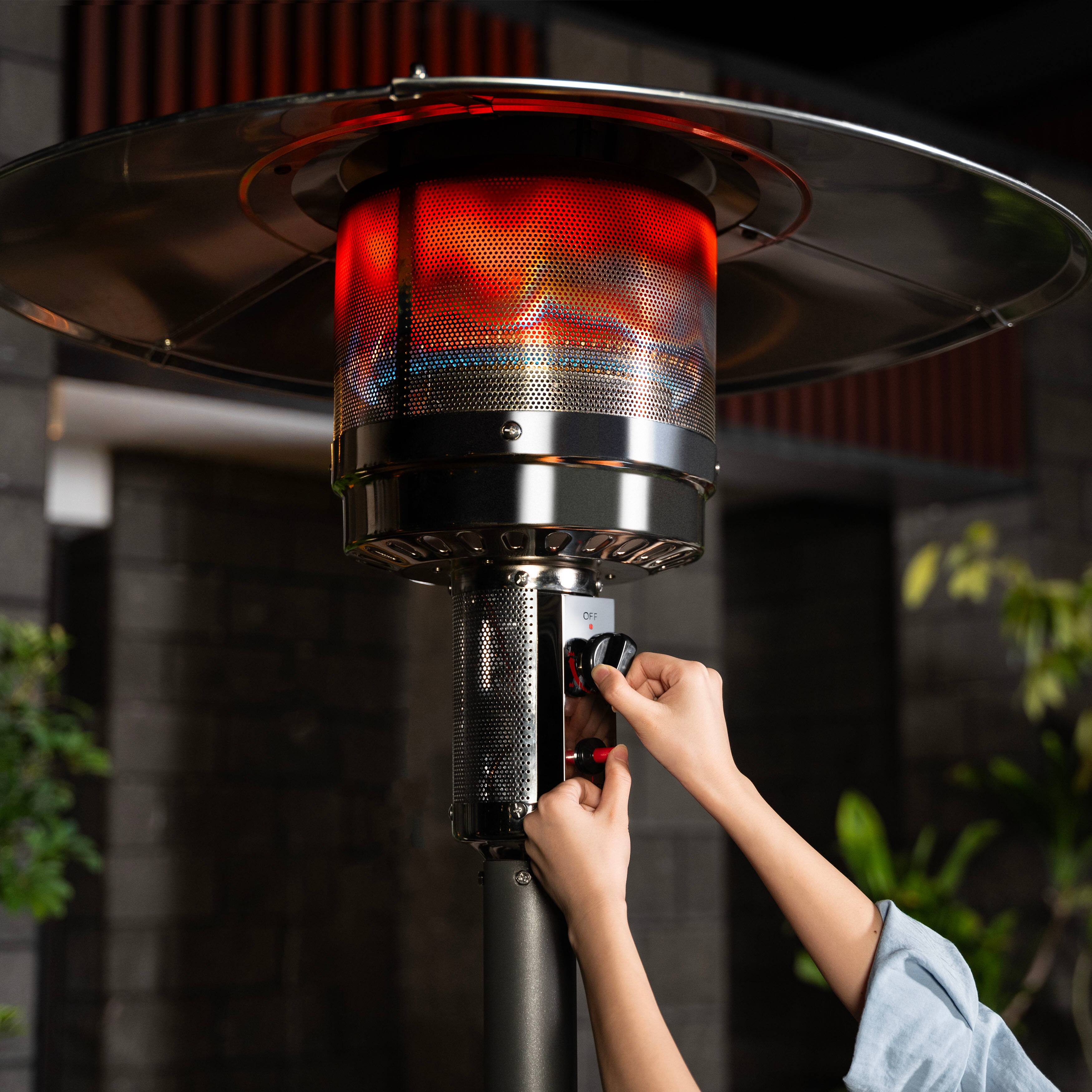 Angle. Nuu Garden - Powder-Coated Propane Gas Outdoor Heater with Wheels, ETL Certified - sparkling gray.