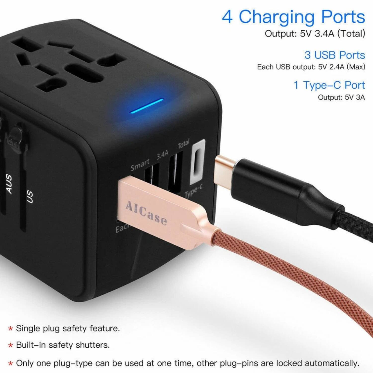 4 Charging Ports  
Output: 5V 3.4A (Total)  

3 USB Ports  
Each USB output: 5V 2.4A (Max)  

1 Type-C Port  
Output: 5V 3A  

* Single plug safety feature.  
* Built-in safety shutters.  
* Only one plug-type can be used at one time, other plug-pins are locked automatically.
