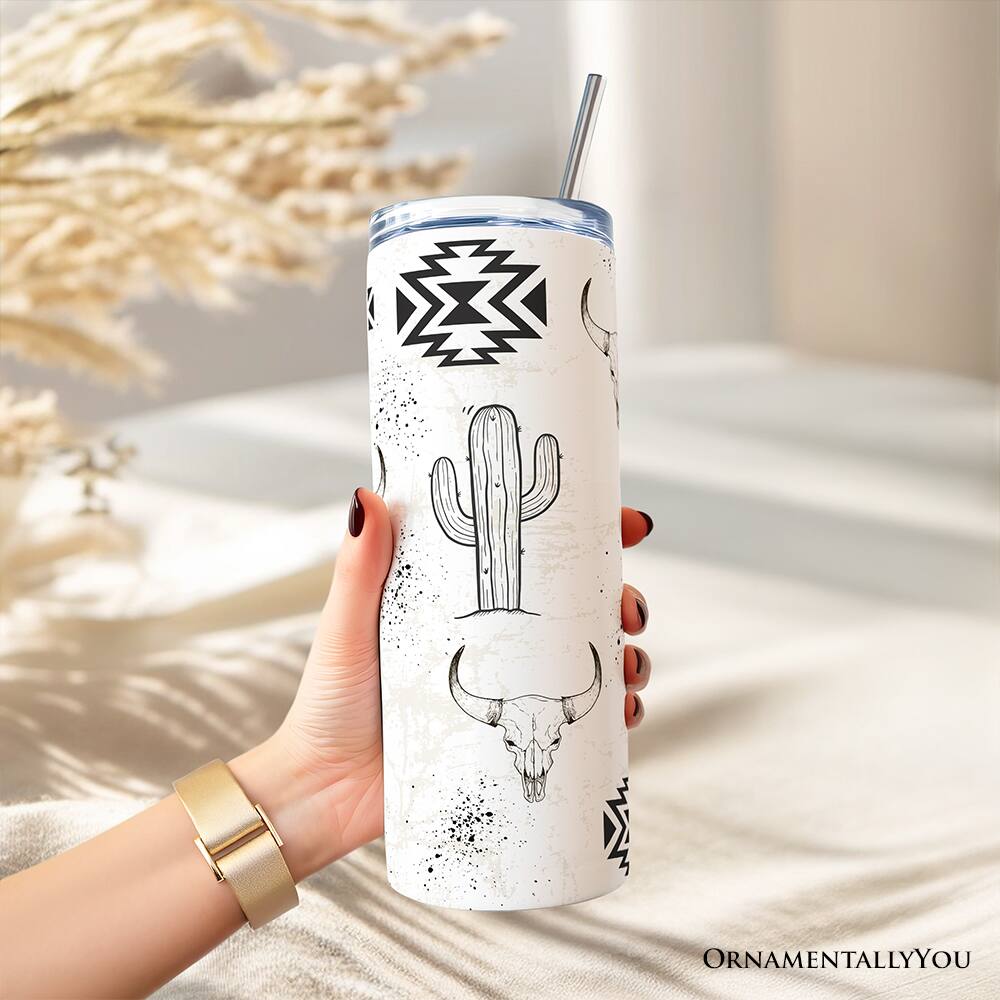Left. OrnamentallyYou - Geomteric Art Tumbler With Stainless Steel Straw, Western Desert Gift Cup - Multicolored.