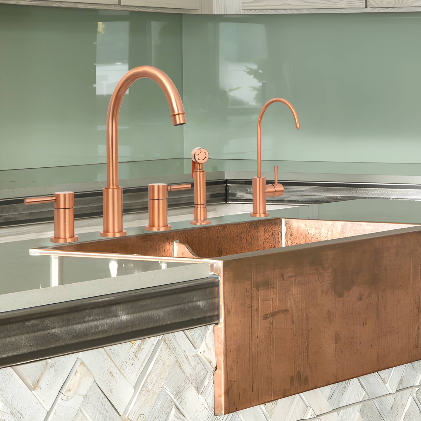 Alt View 6. Akicon - Akicon Solid Brass Double-Handle 360° Swivel Widespread Kitchen Faucet with Side Sprayer in Copper - Copper.