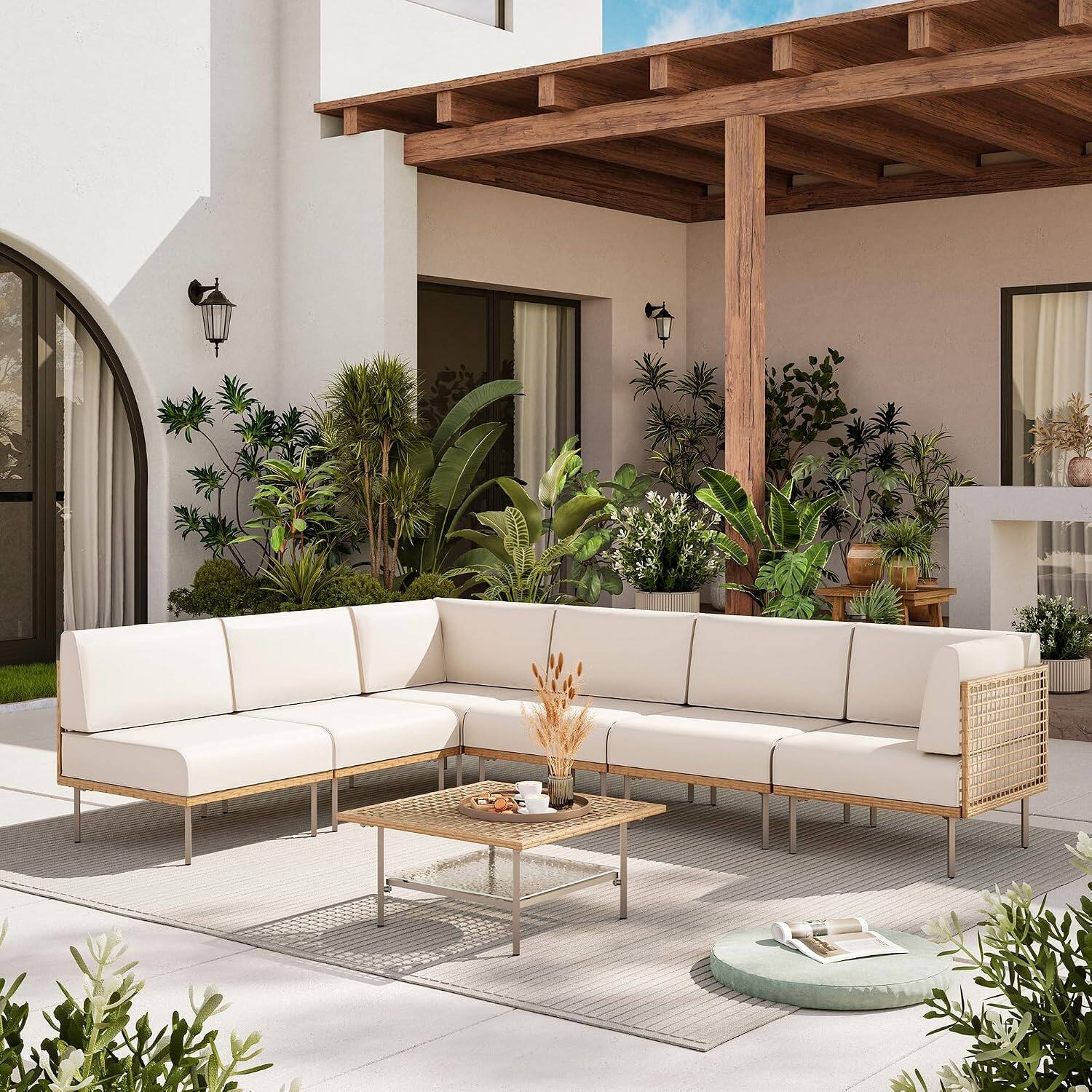 Angle. Yardgrace - 7-Piece Outdoor Patio Wicker PE Rattan Sectional Sofa Washable Cushions Tempered Glass Table Garden - Beige.