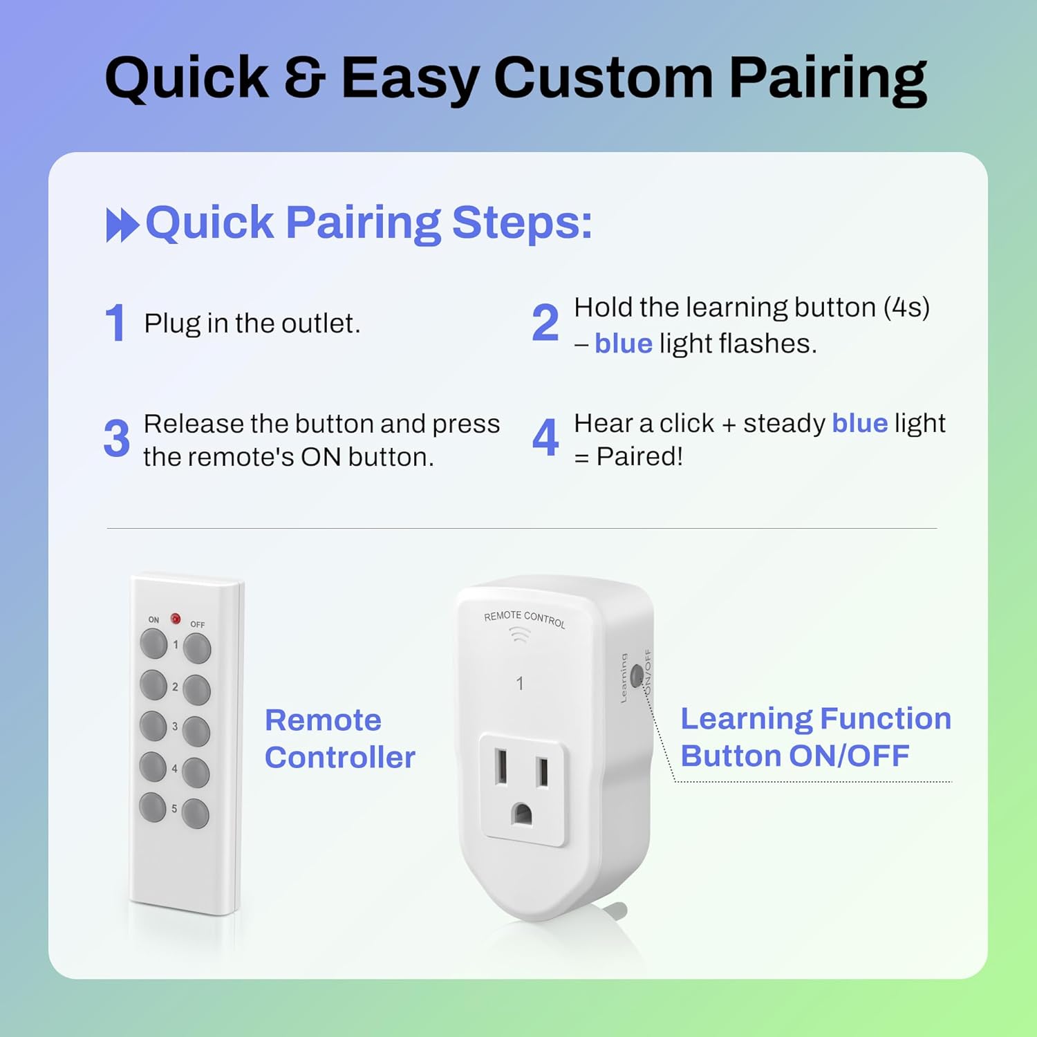 Quick & Easy Custom Pairing

Quick Pairing Steps:
1. Plug in the outlet.
2. Hold the learning button (4s) – blue light flashes.
3. Release the button and press the remote's ON button.
4. Hear a click + steady blue light = Paired!

Remote Controller

Learning Function Button ON/OFF