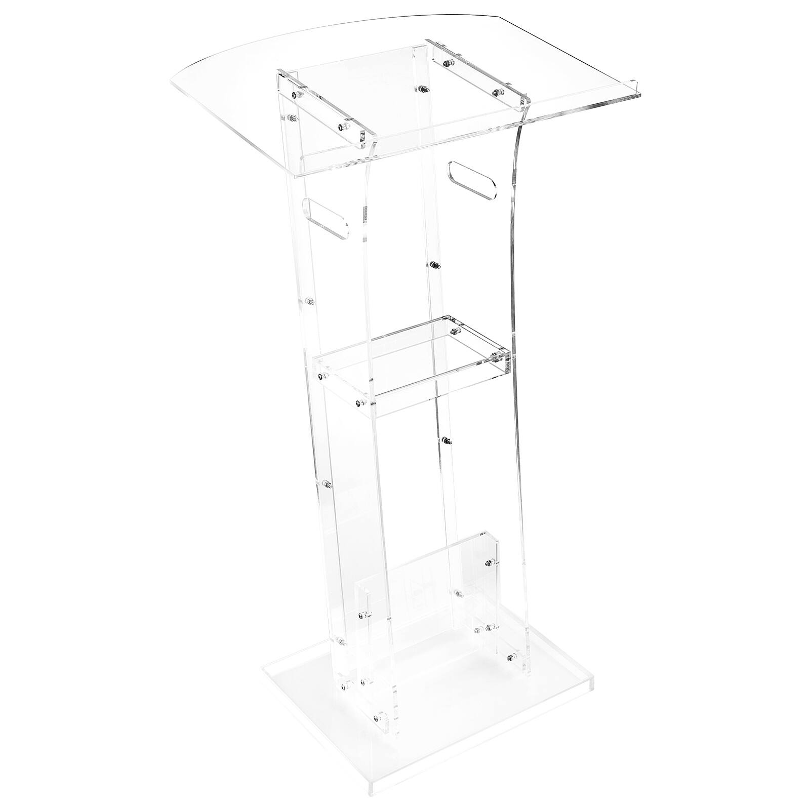 Front. VEVOR - Podium Stand, 43-Inch Acrylic Lectern, Portable Laptop Desk with Wide Reading Surface and Storage Shelf, Book Stopper - Transparent.