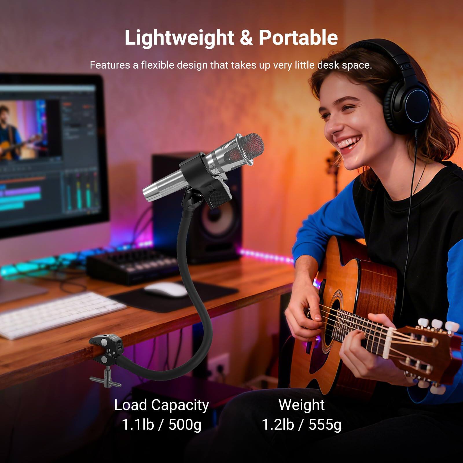 Lightweight & Portable  
Features a flexible design that takes up very little desk space.  

Load Capacity: 1.1lb / 500g  
Weight: 1.2lb / 555g