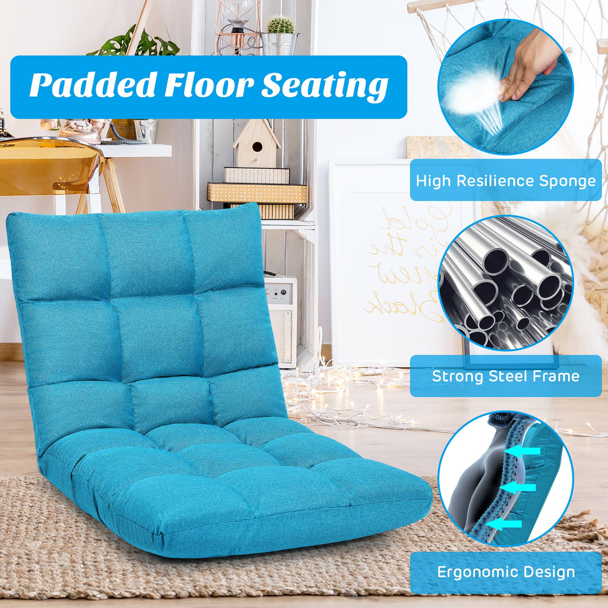 Padded Floor Seating High Resilience Sponge Gold the is new Black Strong Steel Frame Ergonomic Design