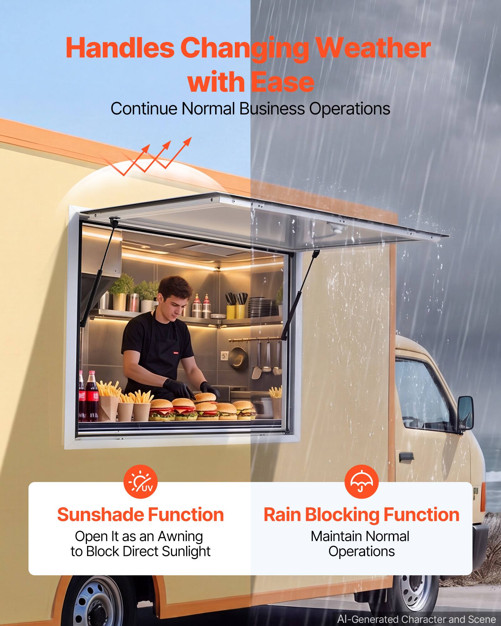 Handles Changing Weather with Ease  
Continue Normal Business Operations  

3 UV Sunshade Function  
Open It as an Awning to Block Direct Sunlight  

Rain Blocking Function  
Maintain Normal Operations  

AI-Generated Character and Scene