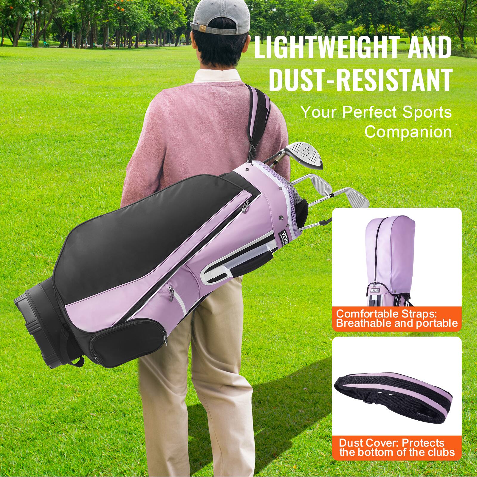 LIGHTWEIGHT AND DUST-RESISTANT  
Your Perfect Sports Companion  

Comfortable Straps: Breathable and portable  

Dust Cover: Protects the bottom of the clubs