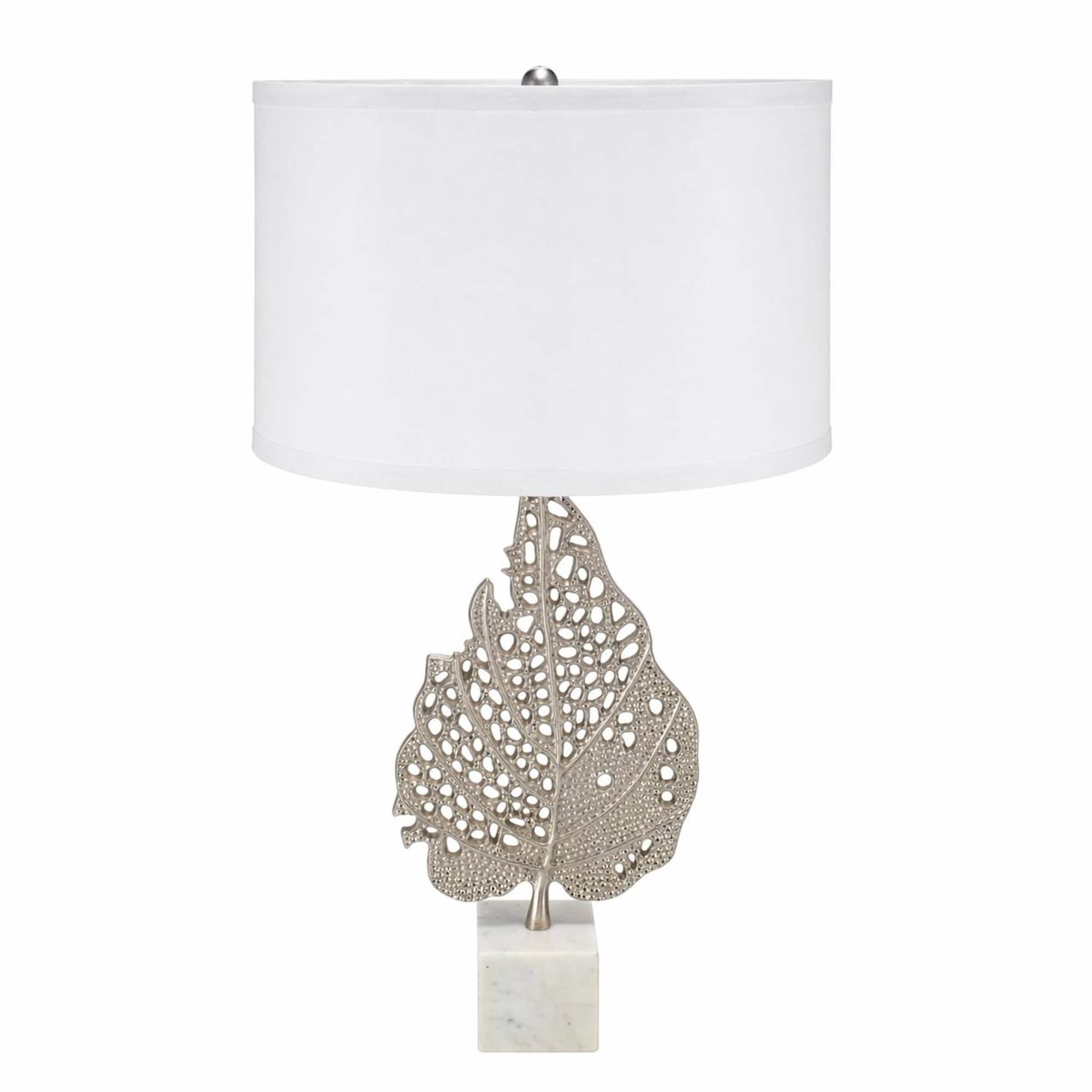 RYHNUYNE - Modern and Silver Leaf Table Lamp with Marble Cube Base and Drum Shade, 15 x 29.3 Inches, for Bedside, Desk - White