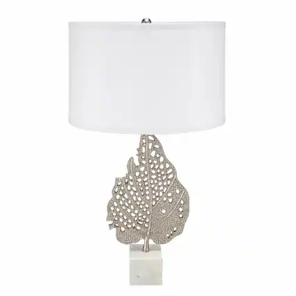 Front. RYHNUYNE - Modern White and Silver Leaf Table Lamp with Marble Cube Base and Drum Shade, 15 x 29.3 Inches, for Bedside, Desk - White.