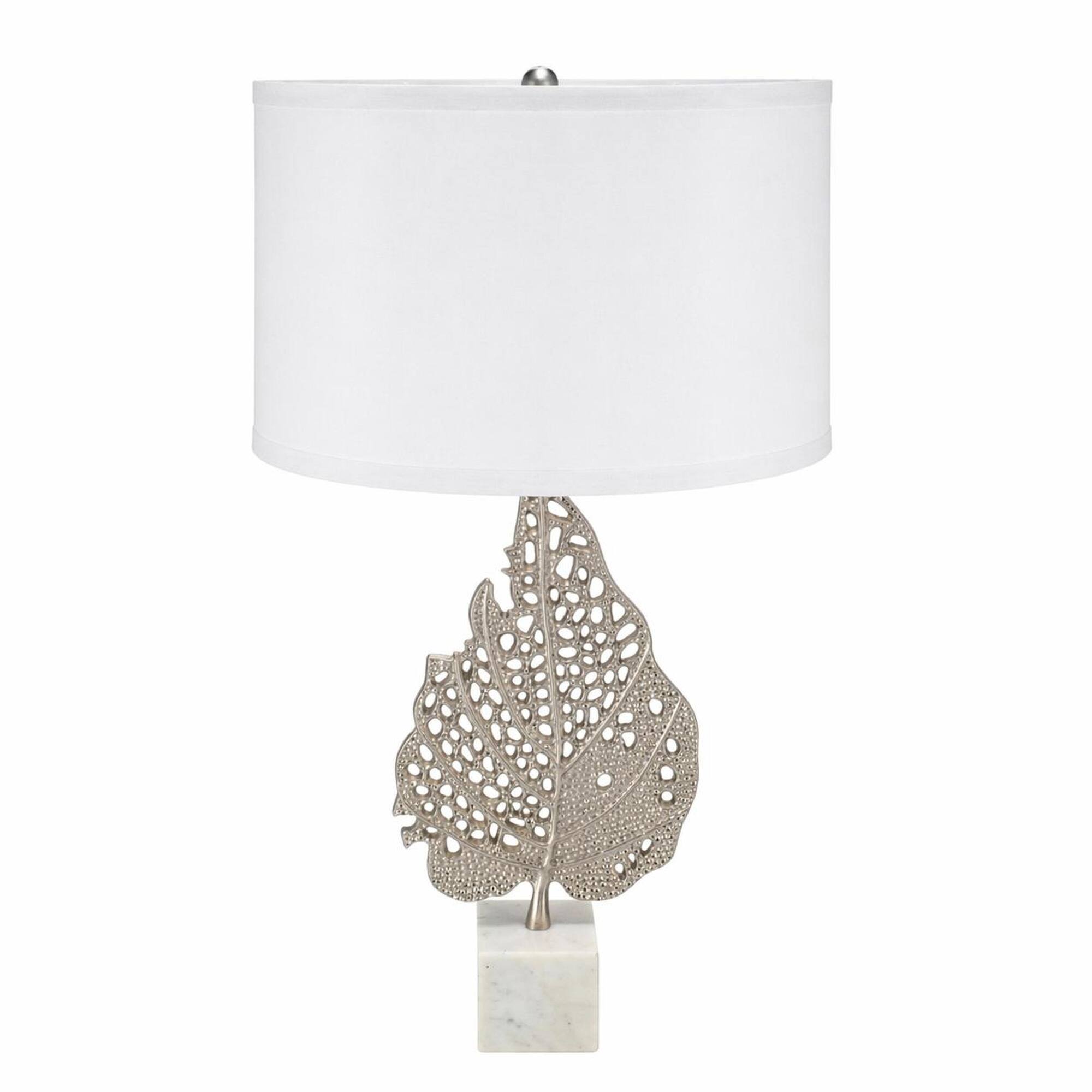 Front. RYHNUYNE - Modern White and Silver Leaf Table Lamp with Marble Cube Base and Drum Shade, 15 x 29.3 Inches, for Bedside, Desk - White.