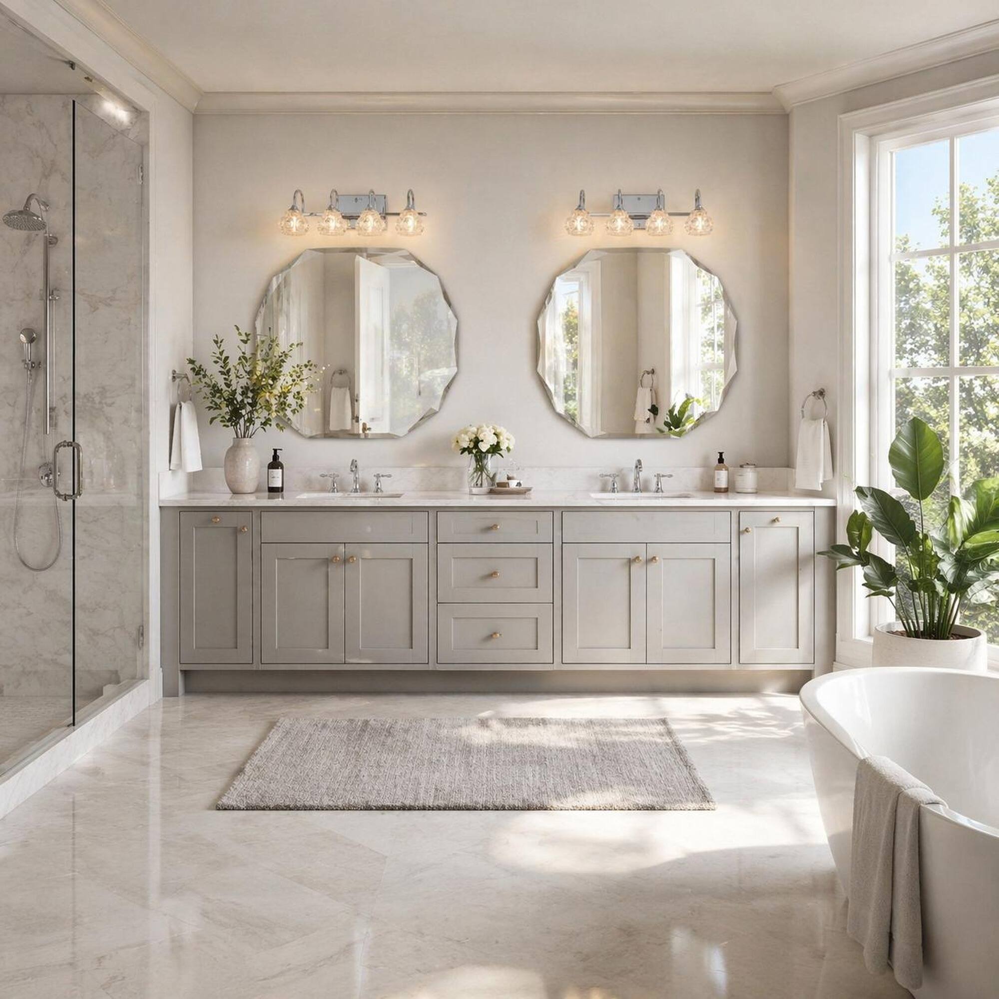 Back. RYHNUYNE - 23-Inch Nickel Vanity Light with Crystal Accents – 4-Light Wall-Mounted Bathroom Fixture with Clear Glass Shades.