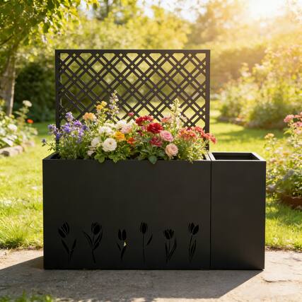 Front. Loheer - 2-Piece Metal Planter Box with Trellis, 1.97 ft Deep Raised Garden Bed for Indoor Outdoor Use - Black.