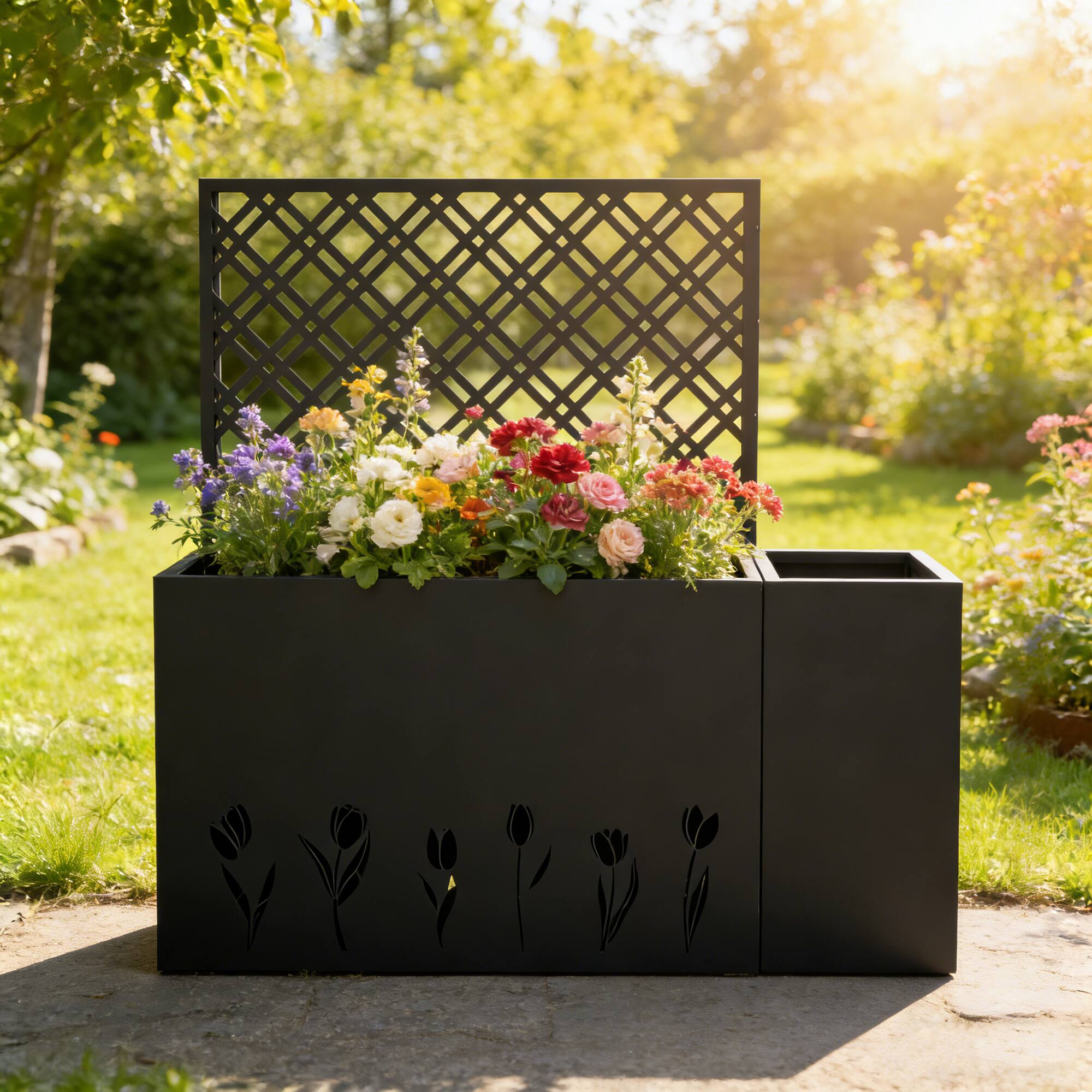 Front. Loheer - 2-Piece Metal Planter Box with Trellis, 1.97 ft Deep Raised Garden Bed for Indoor Outdoor Use - Black.